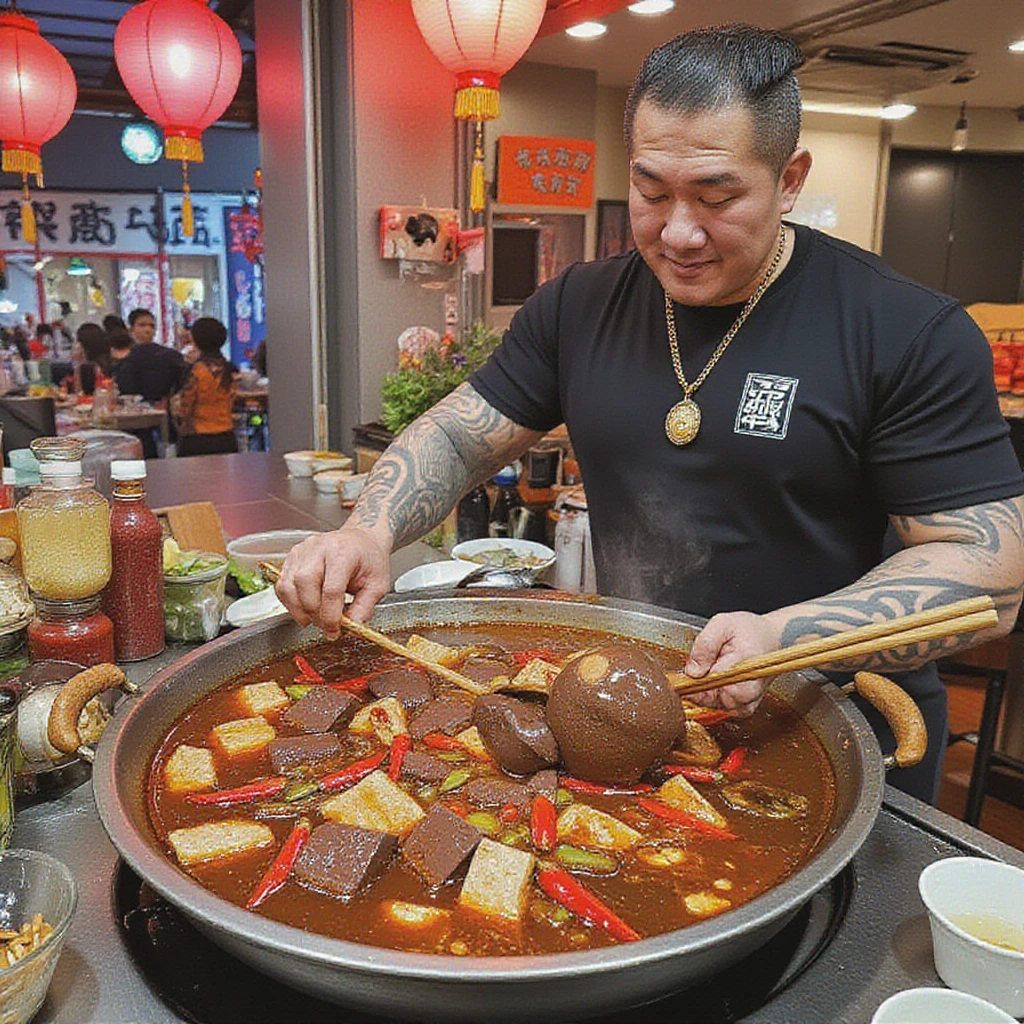 Close-up of a bustling street food stall, dominated by a large, steaming cauldron of spicy broth. The vendor, an older man with experienced hands, stirs the deep red-brown liquid with a long-handled ladle. The soup bubbles gently, releasing aromatic steam rich with the scent of chili and Sichuan peppercorns. Floating in the broth are dark cubes and white silky pieces, interspersed with small silvery dried fish and strips of preserved mustard greens. Whole red chilies and peppercorns bob on the surface, creating a fiery appearance. A layer of vivid red chili oil shimmers on top. Surrounding the pot are stacks of small bowls, pairs of chopsticks, and jars of additional condiments. Overhead, red lanterns cast a warm glow on the scene. In the foreground, a customer's hands reach for a freshly ladled bowl. The background blurs into a soft mix of moving figures and distant lights, suggesting a lively night market. Rising steam creates a misty effect around the stall, emphasizing the focal point of the simmering pot and the skilled vendor at work