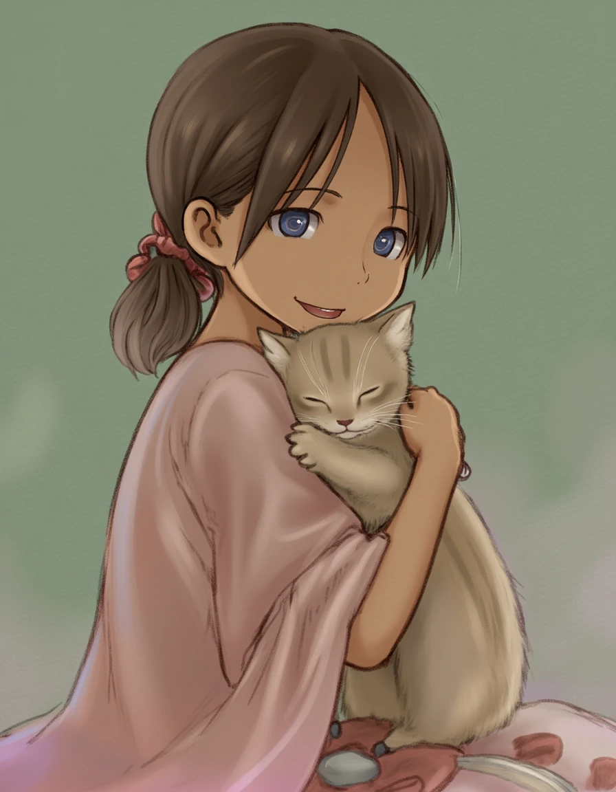 A stunning portrait of a young woman with light brown hair, blue eyes, and a gentle smile hugging a kitten, capturing her essence in a delicate and dreamy atmosphere. She wears an elegant, flowing garment made of silk or satin, its texture adding depth to the composition. The muted green and pink background creates a harmonious and ethereal ambiance. The woman's gaze connects with the viewer, her slightly turned posture inviting a sense of intimacy in this beautiful painting <lora:MadeInAbyssStyleLoraFlux:1> mad31nabyss