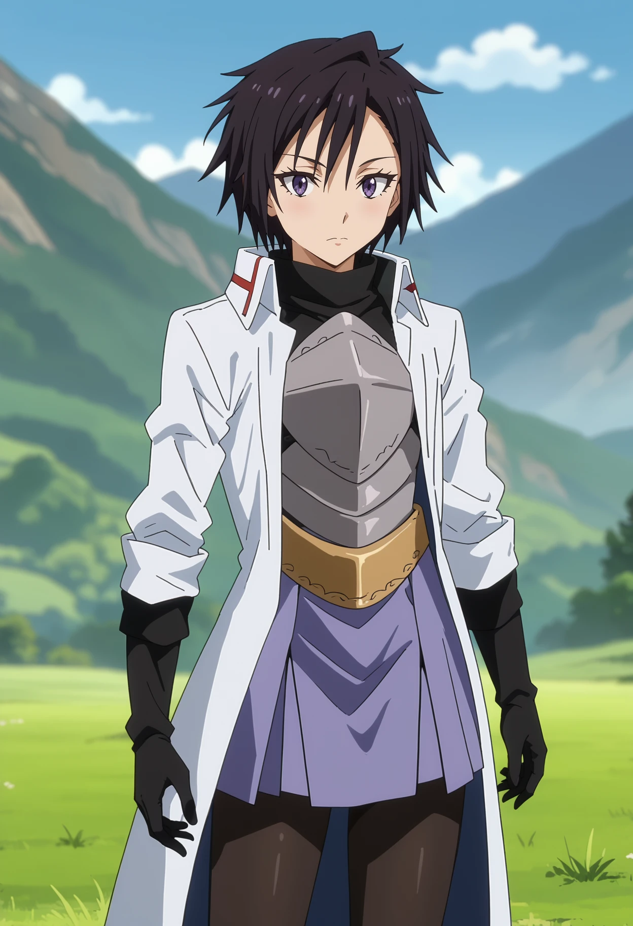 score_7_up, anime screencap,
<lora:TenSura_SakaguchiHinataXL:0.9>, SakaguchiHinata,
1girl, solo, closed mouth,
short hair, black hair, purple eyes,
white coat, turtleneck shirt, black shirt, breastplate, black gloves, belt, purple skirt, black pantyhose,
looking at viewer, cowboy shot, thigh gap,
blurry background, outdoors, mountains, scenery, forest, blue sky