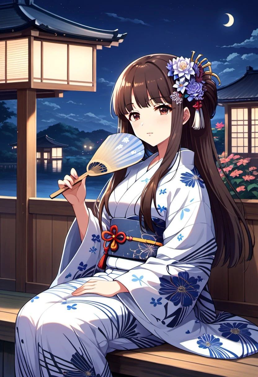 score_9, score_8_up, score_7_up, source_anime, kurokawa chiaki, long hair, black hair, brown eyes, 1girl, japanese clothes, kimono, hand fan, hair ornament, solo, paper fan, hair flower, flower, uchiwa, sitting, yukata, night, brown hair