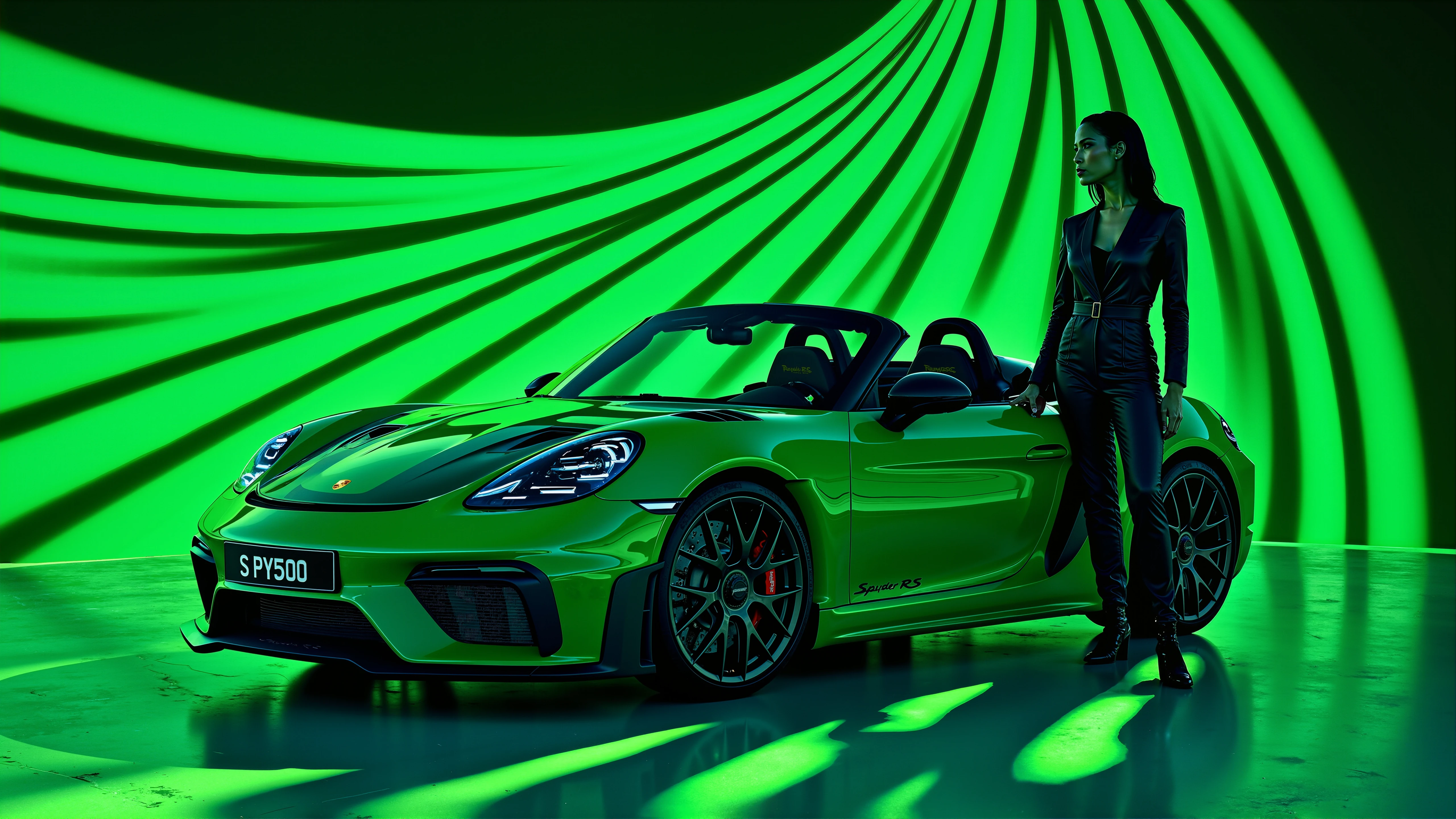 A Porsche 718 Spyder RS, its license plate reading "S PY500," is positioned in the center of a dark, minimalist room, its body a striking green. The car is bathed in vibrant neon green light, which casts dramatic, flowing striped shadows across its sleek surface. The light pattern wraps around the car, mimicking the surreal, curving stripes seen in avant-garde light art, creating a futuristic and hypnotic aesthetic. The intense green light and deep shadows accentuate the car’s luxurious contours, giving the scene a bold and otherworldly vibe.

Standing next to the Spyder is a diverse female model, embodying the elegance and confidence of a Vogue editorial. Her pose is poised and graceful, reflecting high fashion with an artistic edge. She is dressed in a stylish, avant-garde outfit that complements the futuristic setting—perhaps featuring bold lines and modern fabrics that interact with the lighting. Her skin and features are highlighted by the same neon green light, with the striped shadows cascading over her form, blending her seamlessly into the artistic flow of the scene.

The room is minimalist, with deep black or dark blue walls, allowing the neon light and the Spyder to be the central focus. The reflections from the green light create glowing highlights on both the car’s polished surface and the model’s clothing and accessories. The entire atmosphere feels bold, futuristic, and visually captivating—combining high-end automotive design with the artistic flair of modern photography and high fashion.