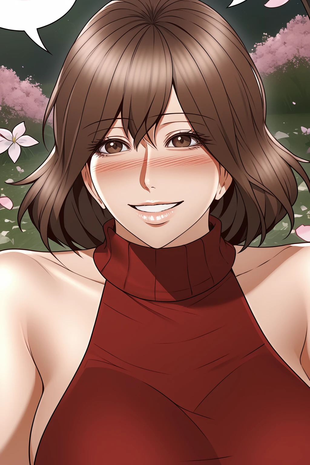 Seo Yeon, Brown Hair, Hair To Shoulder, Brown Eyes, Cleavage, red virgin killer sweater,
(nsfw), (uncensored), (score_9), score_8_up, score_7_up, source_anime, cowboy shot, dynamic pose, Happy, Smile, Parted Lips, blush, ashamed, shy, sexy, charming, alluring, seductive, enchanting, erotic,
((outdoors)), ((flower garden)), ((flowers)), ((many flowers)), spring petals, petals of flowers, spring, falling petals, flying butterflies<lora:EMS-463278-EMS:1.000000>, <lora:EMS-463294-EMS:1.000000>