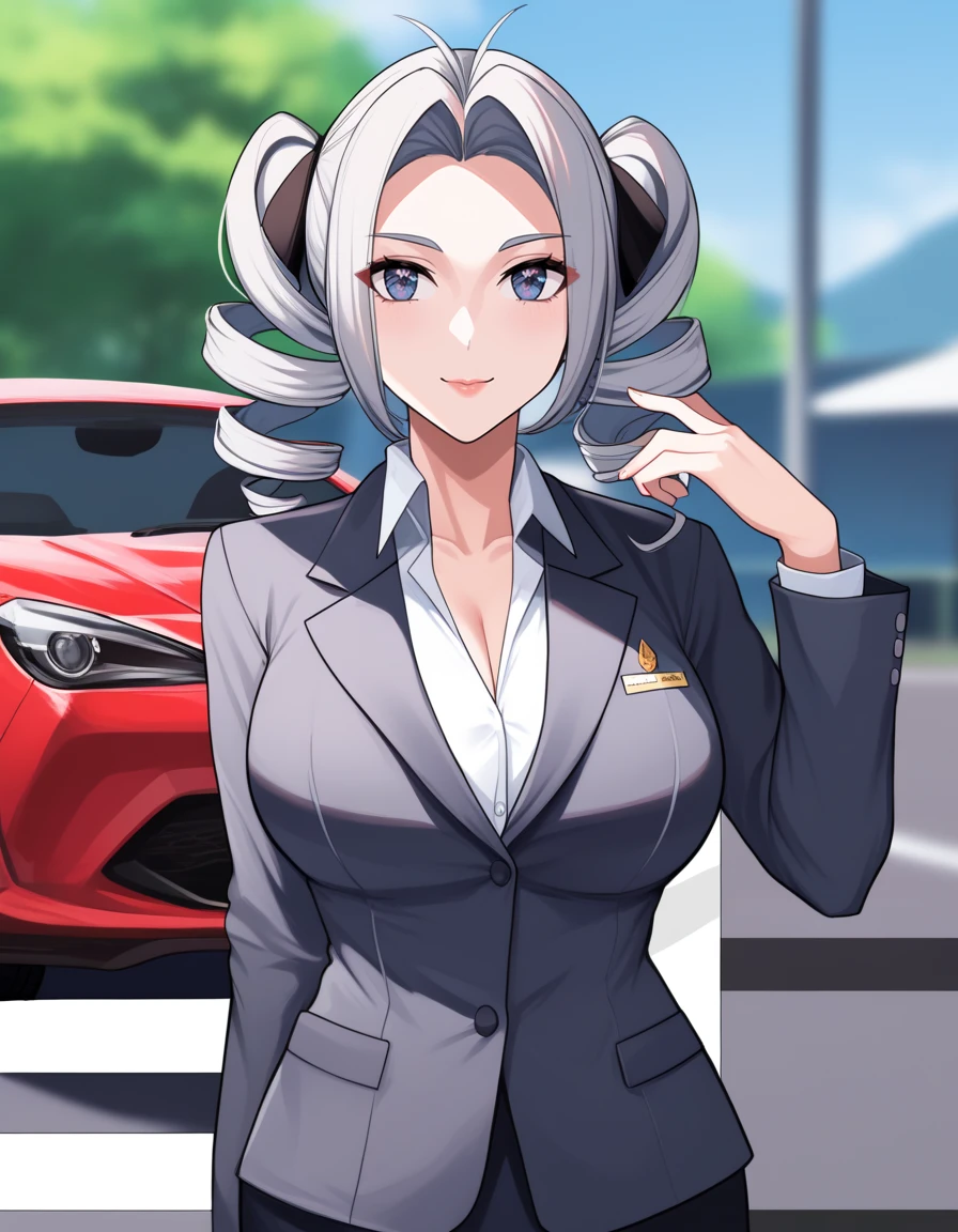 score_9, score_8_up, score_7_up, score_6_up, <lora:mf_ghost-PONY:1>, mf_ghost, source_anime, 1girl, solo, twin drills, grey hair, posing, professional portrait, bokeh, red sports car background, cleavage, beautiful eyes, cute, mature, detailed eyes, iris, rating_questionable, bold lines,