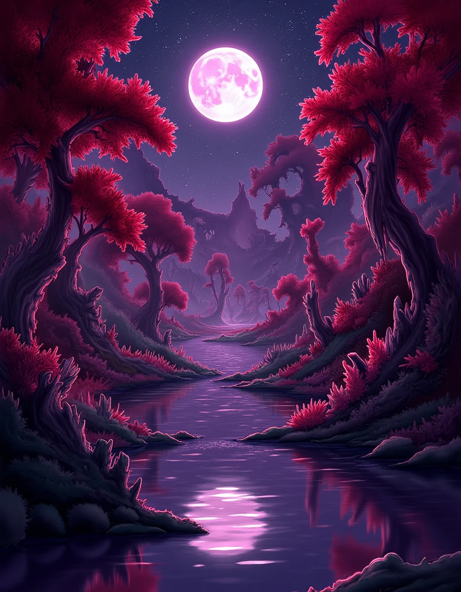 a mesmerizing dark fantasy forest, featuring vibrant red trees that eerily glow under a full moon. The sky is a dark purple, filled with countless stars, and the scene is perfectly reflected in a serene lake in the midst of the tranquil setting. This enchanting forest serves as a paradise for meditation and contemplation., dark fantasy, conceptual art, poster  <lora:MadeInAbyssStyleLoraFlux:1> mad31nabyss