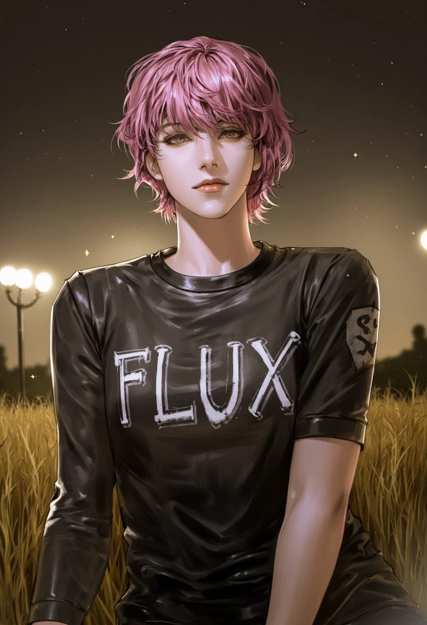 Pilyeon \(Artist\), 필연 \(예술가\), diffitud666 \(Artist\), @vlfdus__0, @pilyeon_00, 1 woman with short pink  hair, wet t-shirt with text on the shirt that says "FLUX" , parted lips and wearing with eyeliner, background is a empty grass field lit with bright flood lights, it is dusk and very early in the morning,, floating dust particles