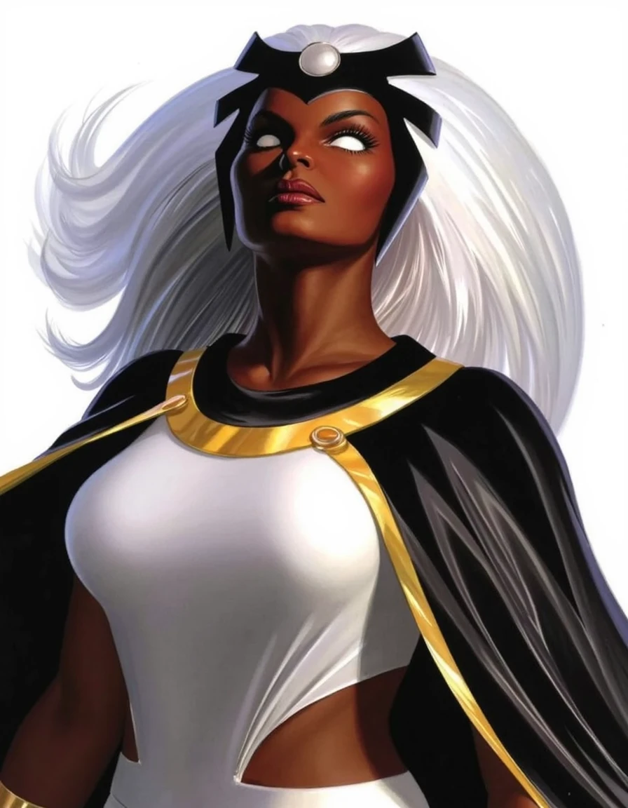 Alex Ross style painting of Storm with a powerful and regal expression, her eyes glowing with intensity. The angle of the shot is from below, looking up at her, which emphasizes her authority and strength. The lighting is dramatic, casting deep shadows on one side of her face, while her white hair flows majestically against the contrast of her dark cape and gold accents. The background is plain, drawing focus entirely on her commanding presence.