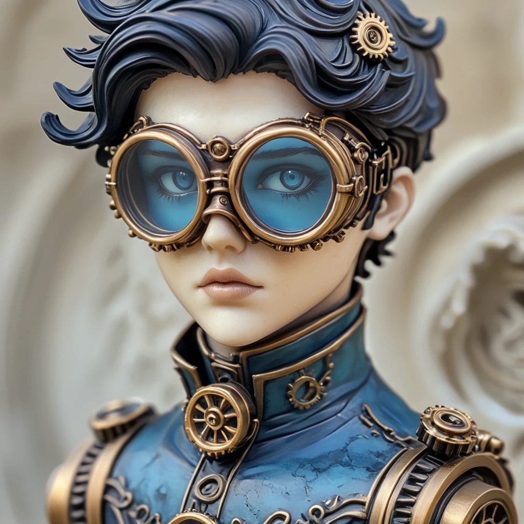 <lora:Rococo_Steampunk_SDXL:1> ArsMJStyle, Rococo Steampunk, The image shows a statue of a woman wearing a blue dress and goggles with a blurred background., steampunk, goggles, solo, blurry, male focus, colored skin, 1boy, portrait, gears, black hair, realistic, 1girl, lips, monocle