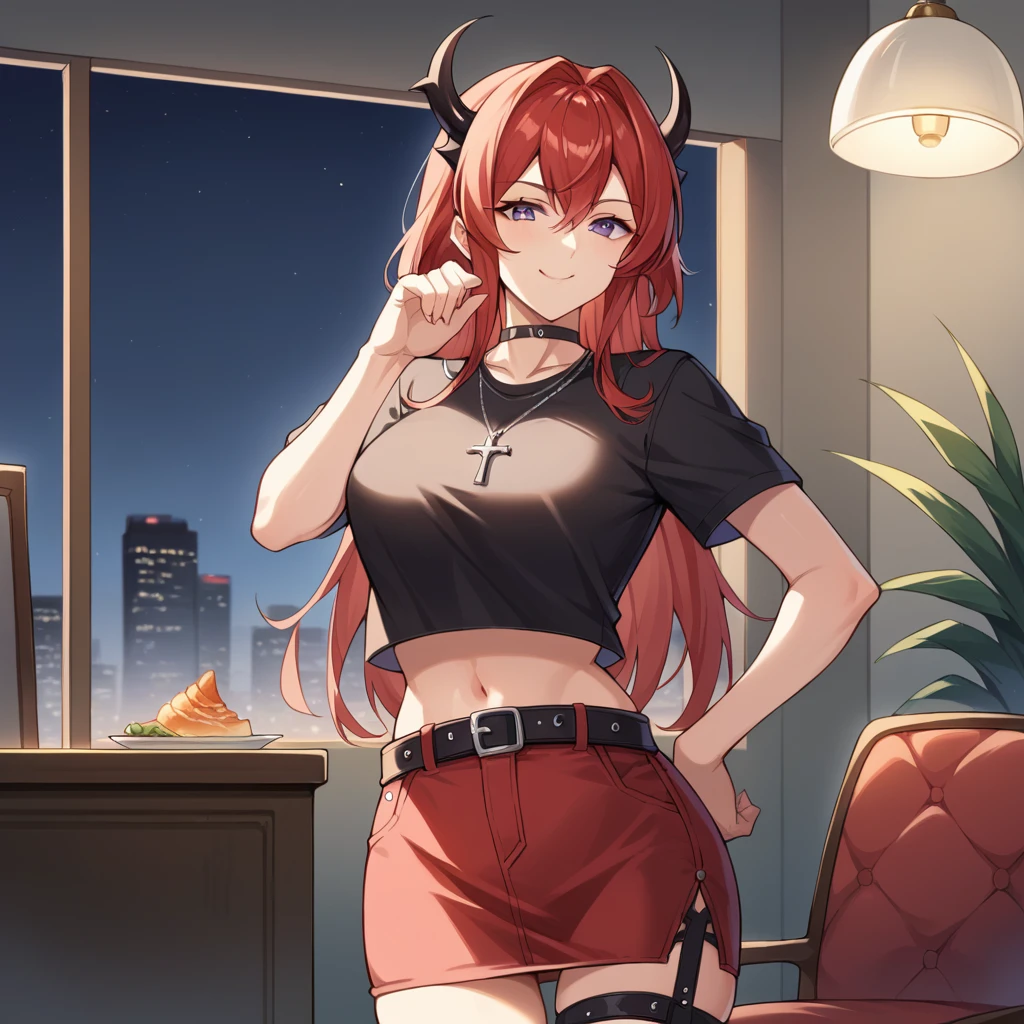 score_9_up, score_8_up, score_7_up, source_anime, masterpiece, best quality, 1girl, solo, Surtr, Sur_Casual, night time, cityscape, window, chair, ceiling lamp, standing, hand on chair, hand on hip, looking at you, smug smile, food, utensils, demon horns, purple eyes, red hair, long hair, red miniskirt, red skirt, thigh strap, black shirt, crop top, short sleeves, black choker, black belt, midriff, navel, cross necklace, black gloves, single glove, mature body, dynamic cowboy shot, indoors, cafe background