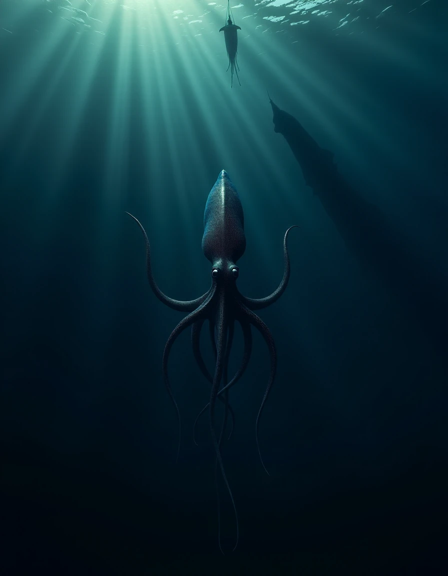 a giant squid is swimming in the ocean, while a roboat sails across the surface, in a distant overhead shot, <lora:The_Deep_Dark_Ocean-SD1.5PonySDXLFlux:0.5>, deepdarkocean, best quality, masterpiece, 4k, perfect lighting, very aesthetic, detailed, very detailed