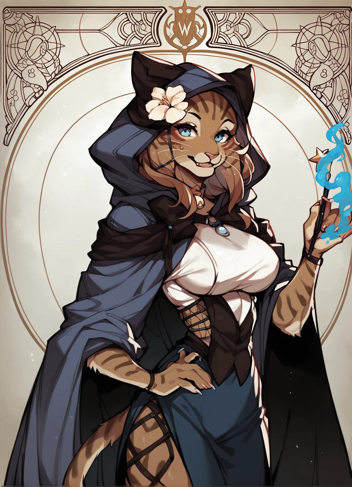 score_9, score_8_up, score_7_up, score_6_up, score_5_up, vocidcharcard,  1girl, khajiit, , holding wand, hood up, flower on head, brown fur, blue magic, blue eyes, large breasts, ornate border