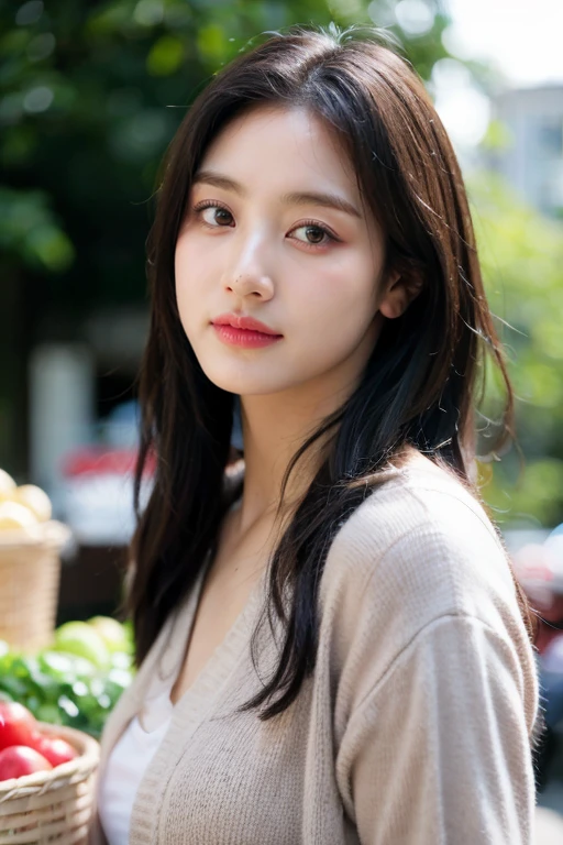 masterpiece, best quality, ultra-detailed, ultra high res, (photorealistic:1.4), raw photo, (realistic:0.2), 8k HDR, realistic lighting, looking at viewer, 1girl, solo, asymmetrical hair, outdoor, (traditional market:1.2), (day), bokeh, (detailed lips), (detailed pores), (detailed skin textures), (detailed face:1.2), (body:1.2), a woman in a cardigan, cowboy shot,