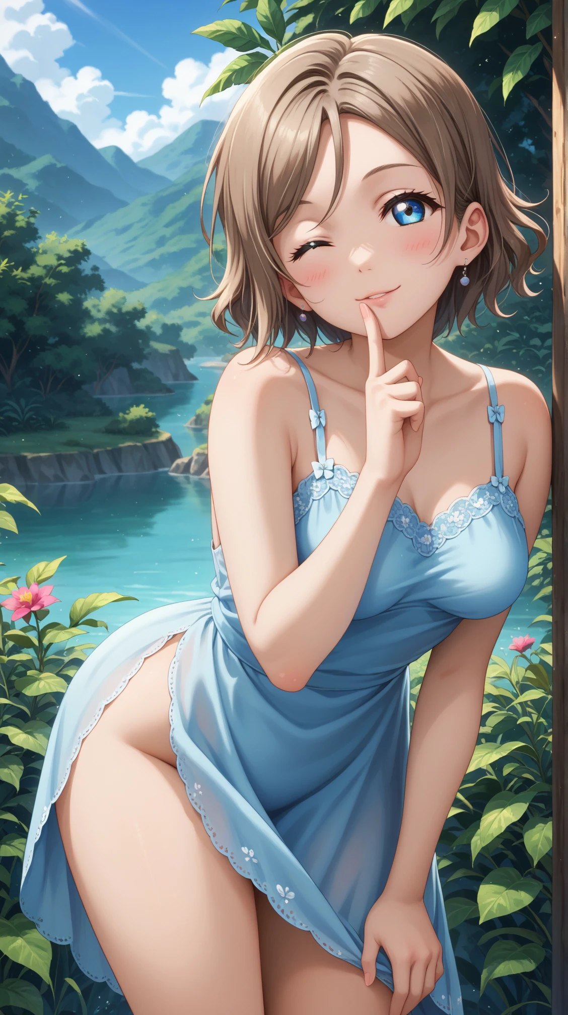 score_9, score_8_up, score_7_up, solo, 1girl, yutanabe, short hair, medium breasts, closed mouth, looking at viewer, 
light blue dress, blush, standing, leaning forward, seductive smile, one eye closed, parted lips, half-closed eyes,
(thighs), cowboy shot, outdoors, greenery, sky, finger to mouth,
<lora:layou-04:0.8>