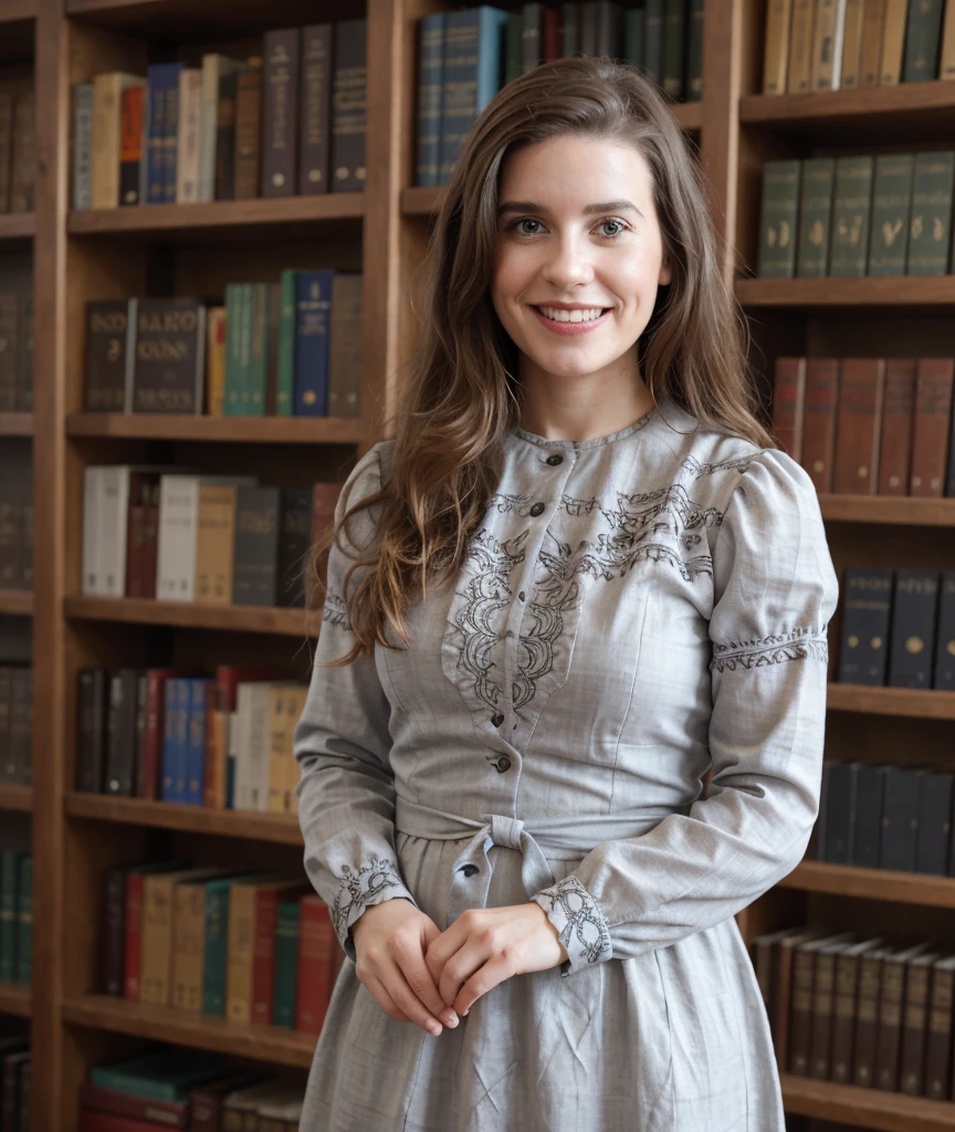 a professional absurdres sharp focus intricately detailed photograph of  
(Philippa_Coulthard:1.1) with a warm smile standing in a library translating 13th century germanic runes,
 <lora:Philippa_Coulthard:0.8>