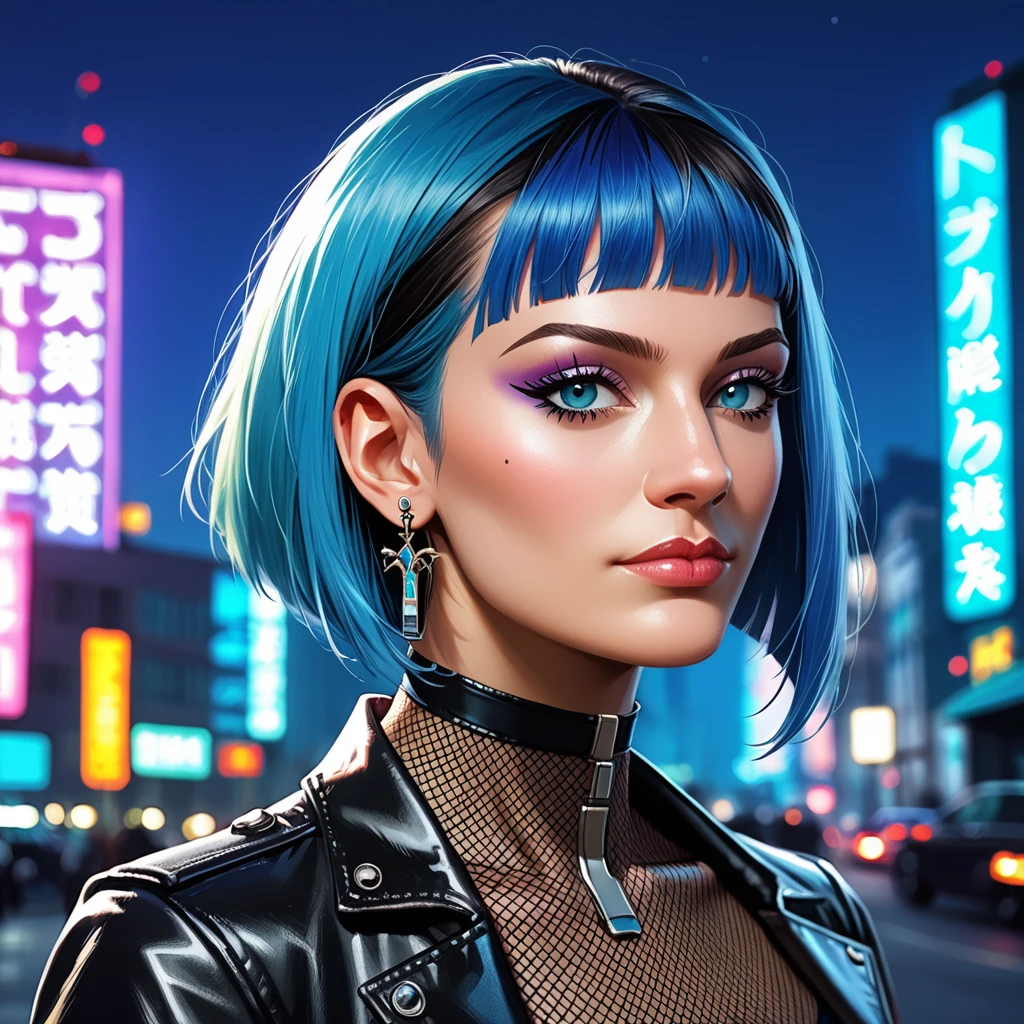 score_9, score_8_up, score_8, (masterpiece, best quality, highly detailed, realistic, cinematic light, night time), source_western, 2.5d, screencap, portrait of nefertiti as a cyberpunk girl, multicolored hair, cyberware in  face, 
short bob hair, looking at the viewer, leather jacket, fishnet croptop, close up, (((night city background)))
<lora:Nefertiti_Pony2:.4>