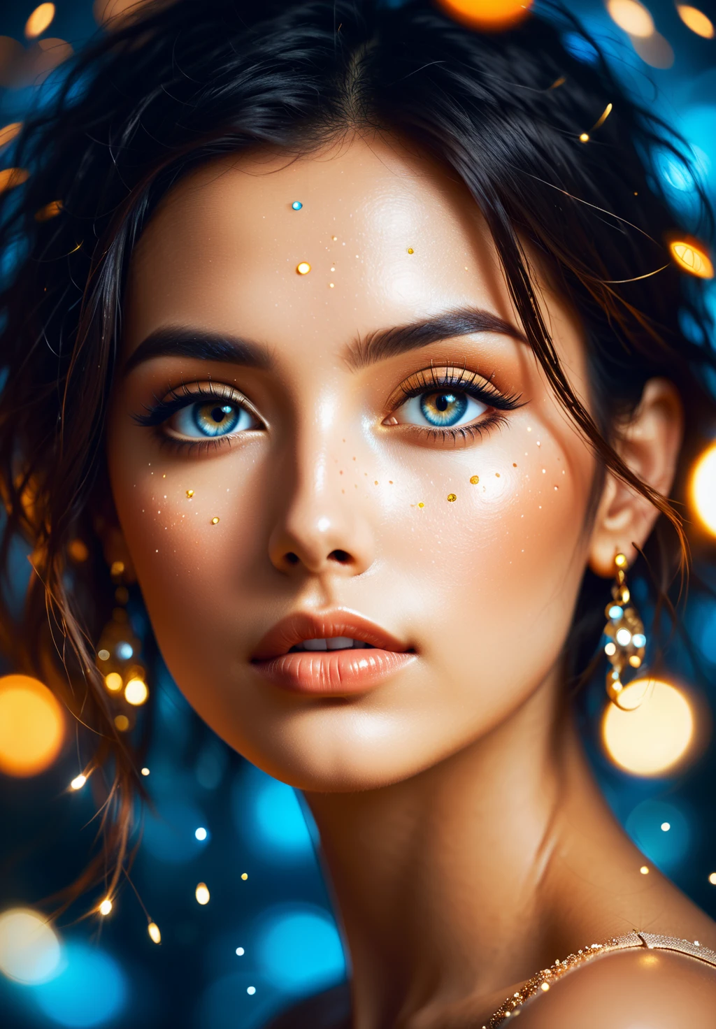 ethereal woman with glowing eyes and illuminated skin, surrounded by soft, sparkling particles of light, gazing upward with an awe-inspired expression, hair subtly glowing with scattered luminescent spots, detailed close-up capturing the serene beauty of her face, soft blue and warm orange lighting blending harmoniously, creating a mystical atmosphere, wearing elegant gold earrings, Nikon D850, Nikkor 85mm f/1.4G lens, ISO 200, f/1.4, 1/125s, soft diffusion filter, cinematic lighting, subtle bokeh effect in the background, slight vignette for added focus
<lora:BDetailedv4:0.6>