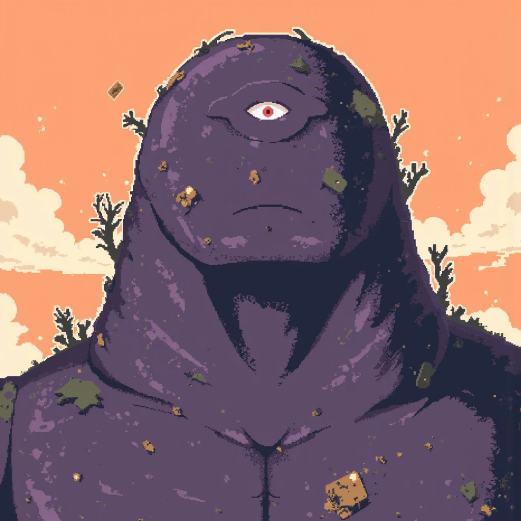 riskofrain character portrait, a colossus, covered in centuries old moss and debris, this gigantic stone creature towers high into the sky, a massive red eye glows at the center of its head, a body made of solid purple rock, viewed from below, orange sky background