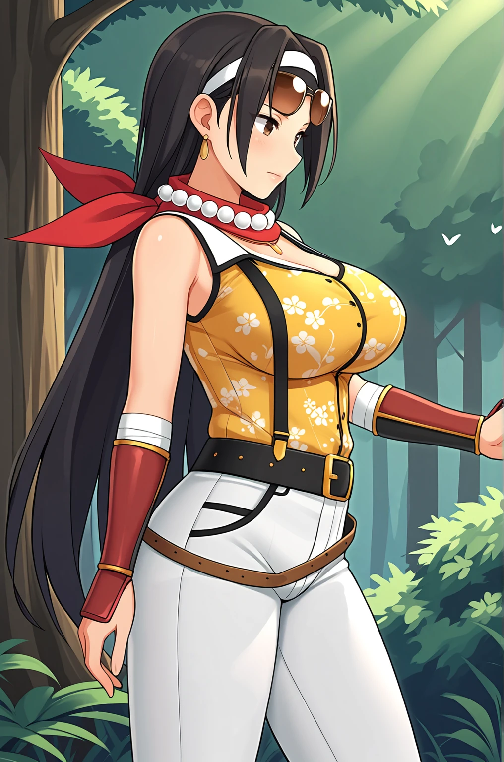 anime artwork, score_9, score_8_up, score_7_up, source_anime, BREAK, thick outline, fat outline,
Jasmine XL, brown eyes, long black hair, headband, sunglasses on forehead, hoop earrings, red scarf, large breasts, BREAK, Jasmine_shinobi, bead necklace, yellow tank top, sleeveless, suspenders, forearm guards, massive black belt, brown belts, white pants, BREAK, forest, sideview, closeup, looking away,
<lora:Jasmine_XL:0.7>
<lora:PersonalAmi_PonyXL:0.5>