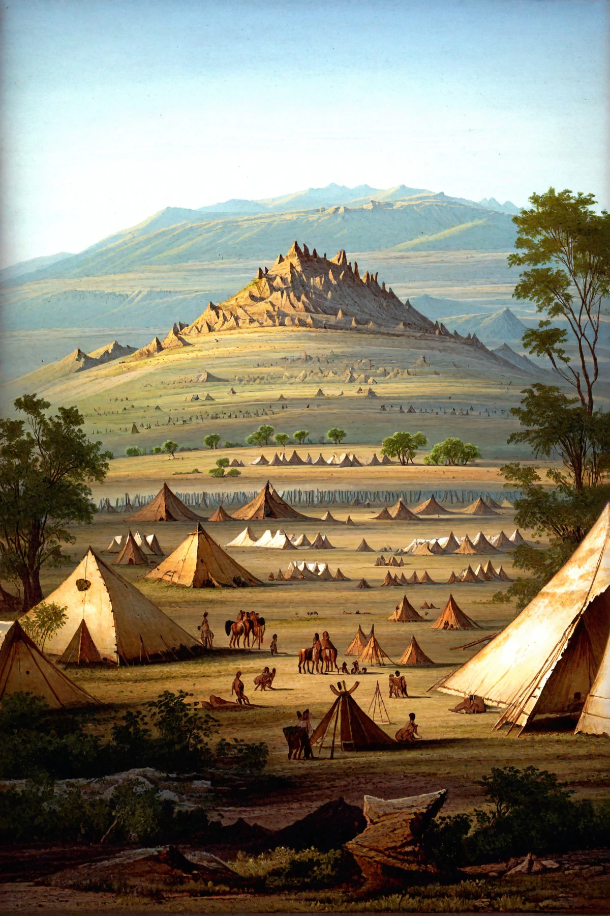 <lora:karl-bodmer_pony_v1:1> ' camp ' by bodmer karl in 1832, romanticism \(style\), landscape painting \(genre\), tents , prairie , mountains, score_9, score_6_up, score_7_up