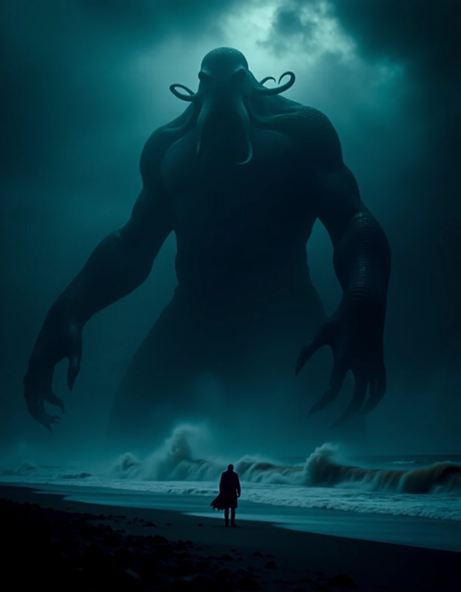 the impossibly large figure of Cthulhu, a mythical monster from the writings of H.P. Lovecraft, is rising from the sea in front of a lone figure standing on the coast, it is night during a storm, <lora:The_Deep_Dark_Ocean-SD1.5PonySDXLFlux:0.5>, deepdarkocean, best quality, masterpiece, 4k, perfect lighting, very aesthetic, detailed, very detailed