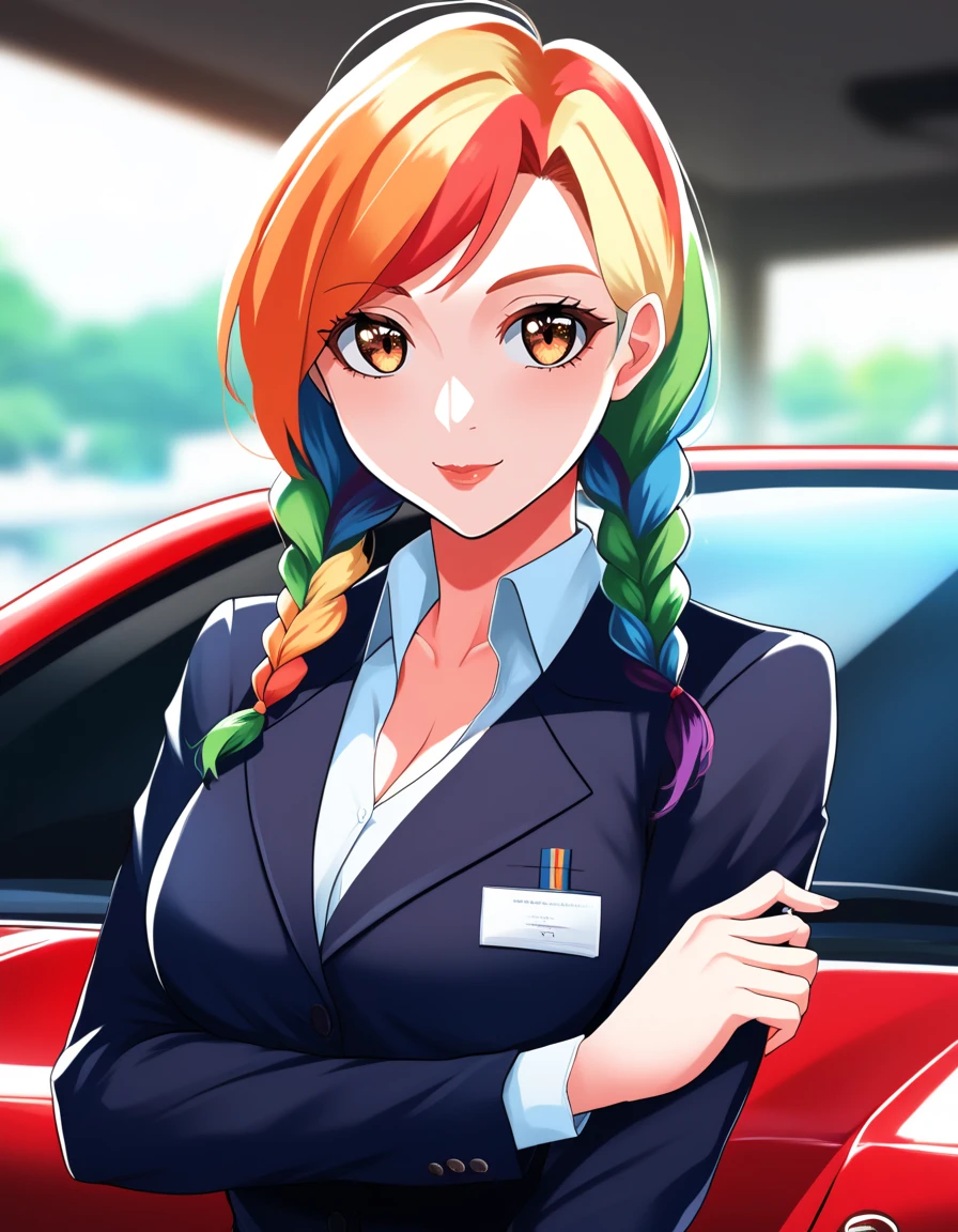 score_9, score_8_up, score_7_up, score_6_up, <lora:mf_ghost-PONY:1>, mf_ghost, source_anime, 1girl, solo, braids, rainbow hair, posing, professional portrait, bokeh, red sports car background, cleavage, beautiful eyes, cute, mature, detailed eyes, iris, rating_questionable, bold lines,