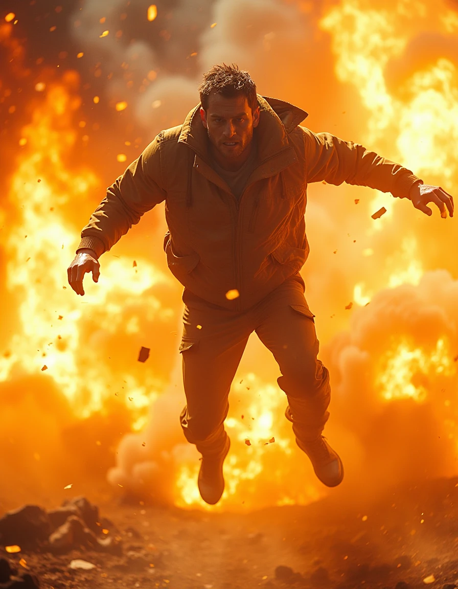 <lora:cinematic:1>,cinematic actionshot of a man jumping from an explosion,