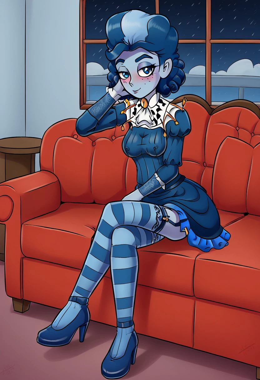 frankelda, 1girl, solo, striped, blue hair, high heels, colored skin, freckles, blush, breasts, garter belt, thighhighs, striped stockings, victorian house indoors, night, bedroom with a red couch background, yellow sclera, blue eyes, half closed eyes, look at viewer, smiling, closed mouth, crossed legs, sitting on couch, pov