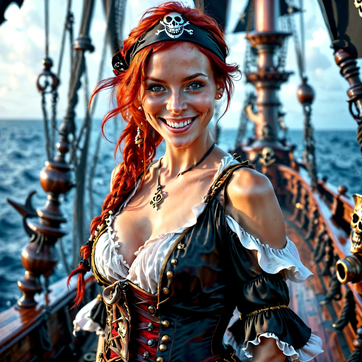 1girl, pirate, red hair, looking at viewer, smile, <lora:The_Deep_Dark_Ocean-sdxl:1>, deepdarkocean, best quality, masterpiece, 4k, uncensored, prefect lighting, rating_explicit, very aesthetic, detailed, <lora:add_details_xl:0.6>, very detailed, <lora:SDXLHighDetail_v5:0.6>