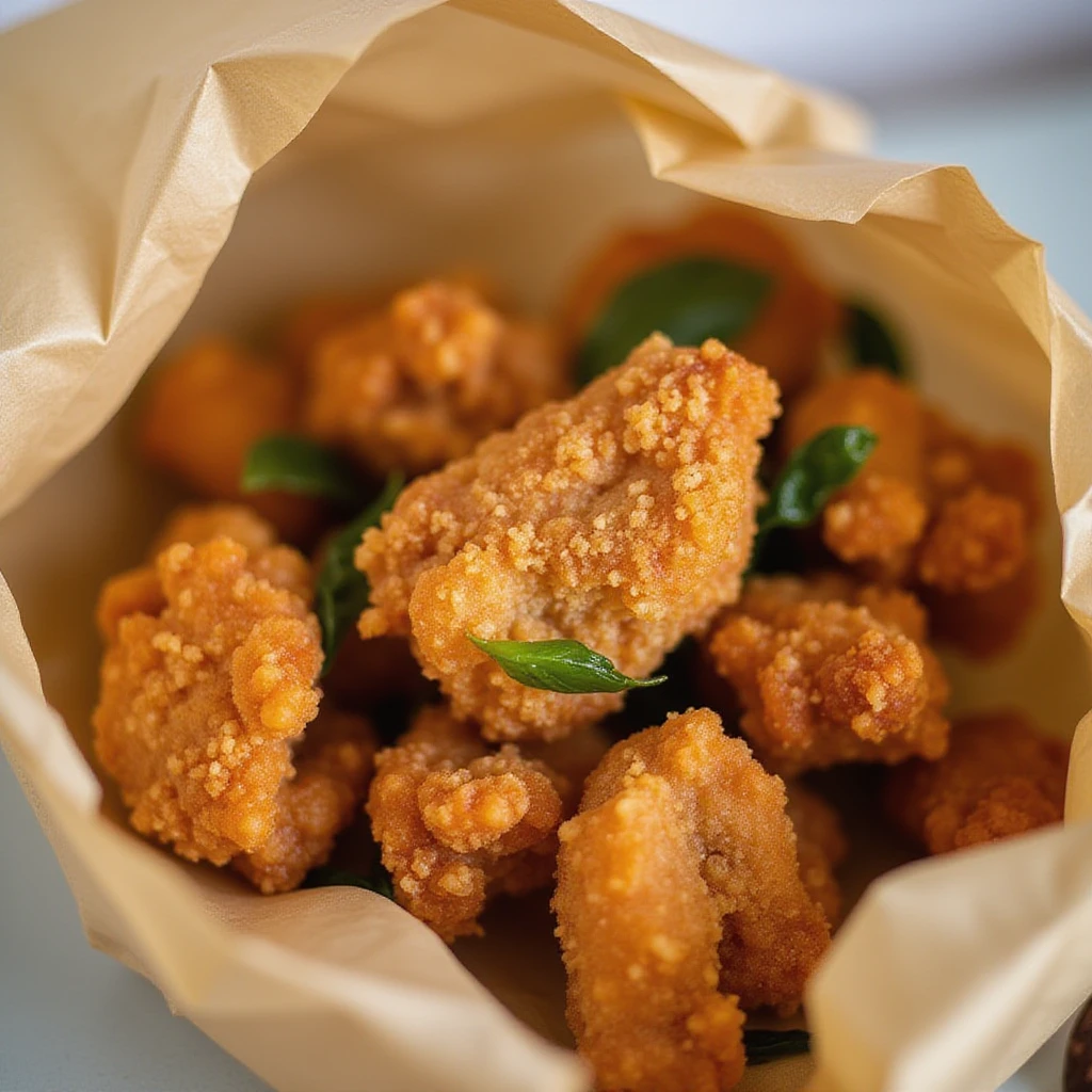 Steaming paper bag of Taiwanese salt and pepper chicken. Golden, crispy bite-sized pieces glistening with oil. Aromatic mix of five-spice powder, white pepper, and garlic wafting up. Scattered bright green flecks of Thai basil leaves,twgensouge