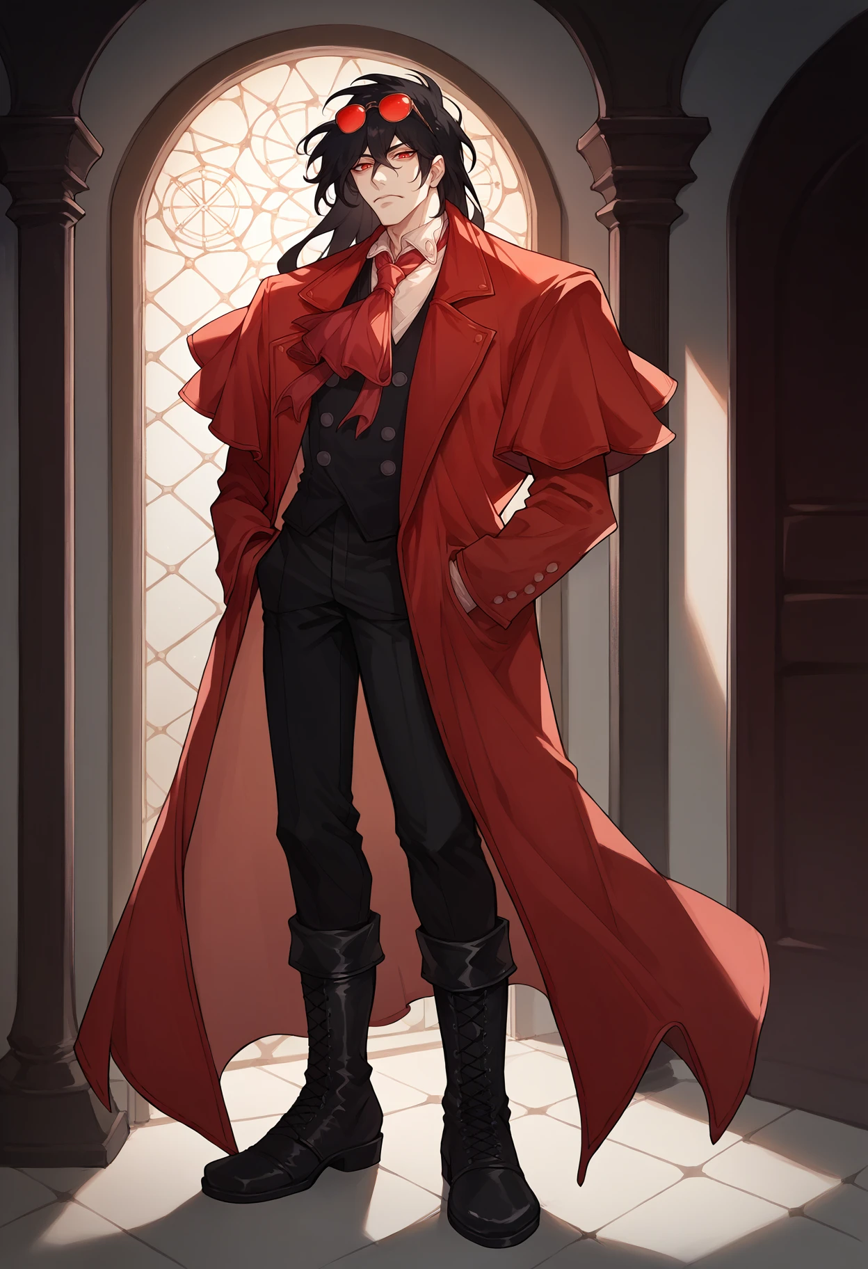 score_9, score_8_up, score_7_up, 1boy, standing, full body, hands in pockets, closed mouth, looking at viewer, <lora:AlucardHS-pdxl:1> aluHS, black hair, long hair, red eyes, eyewear on head, red trench coat, red ascot, vest, black pants, boots, indoors, coffin