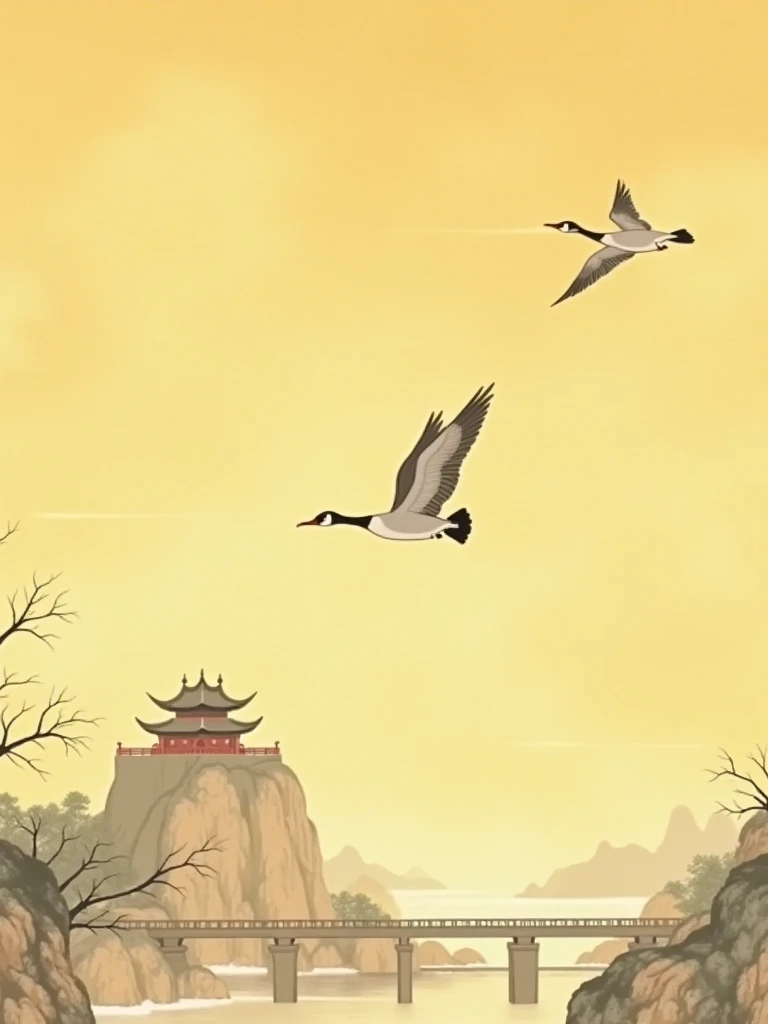 Chinese painting from the Song Dynasty, with a yellowish background，Yellowed Paper, Song Dynasty Chinese Painting，The style of Ming Dynasty painter Qiu Ying，Ancient Chinese paintings include  Ancient Chinese city walls, Chinese architecture,two wild geese flying in the sky， 8K