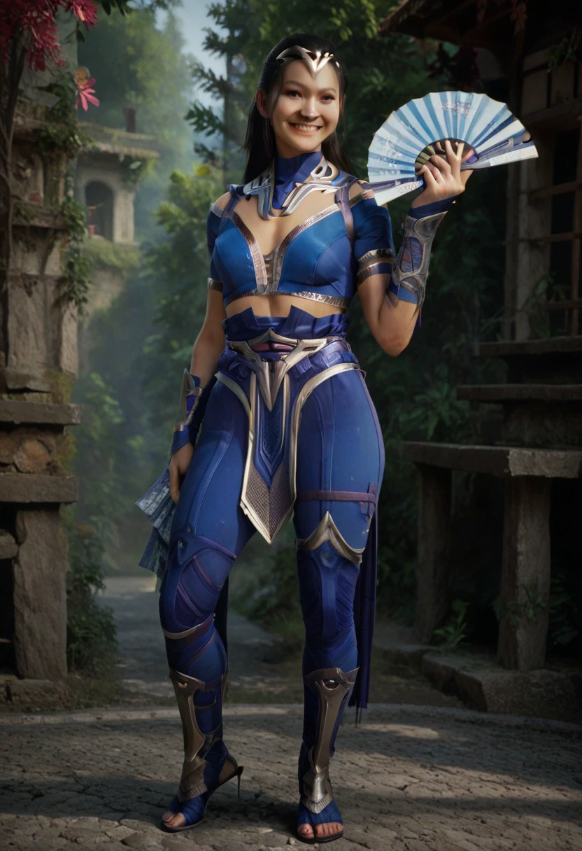 score_9, score_8_up, score_7_up, score_6_up, 1girl, solo, kitana_nomask, full body, holding, folding fan, smile