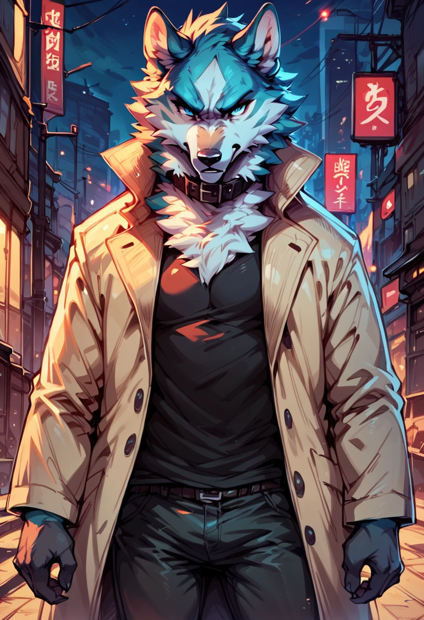 score_9, score_8_up,  score_7_up, solo, shirou ogami, bna, furry, collar, black shirt, pants, trench coat, dark, night, city, detailed background, looking at viewer, Intimidating, <lora:Shirou_Ogami:1>