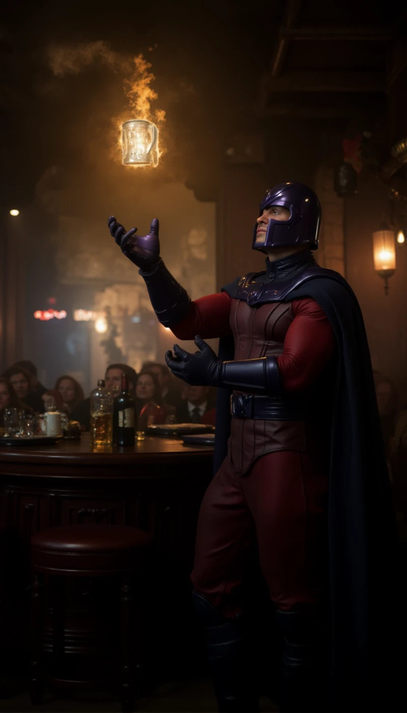 a photo of Magneto wears a helmet and a cape and  is in a pub. He reachs with his hands and a beer metal mug is floating in the air. the mug is glowing of energy <lora:Magneto:0.9>