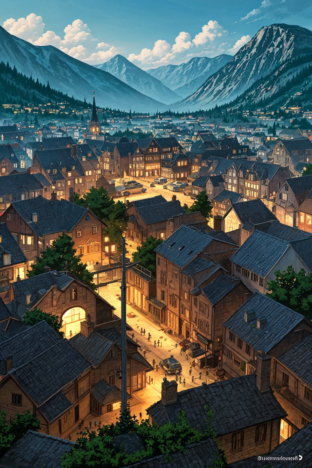 Illustration of a Town landscape in style of Dan Mora