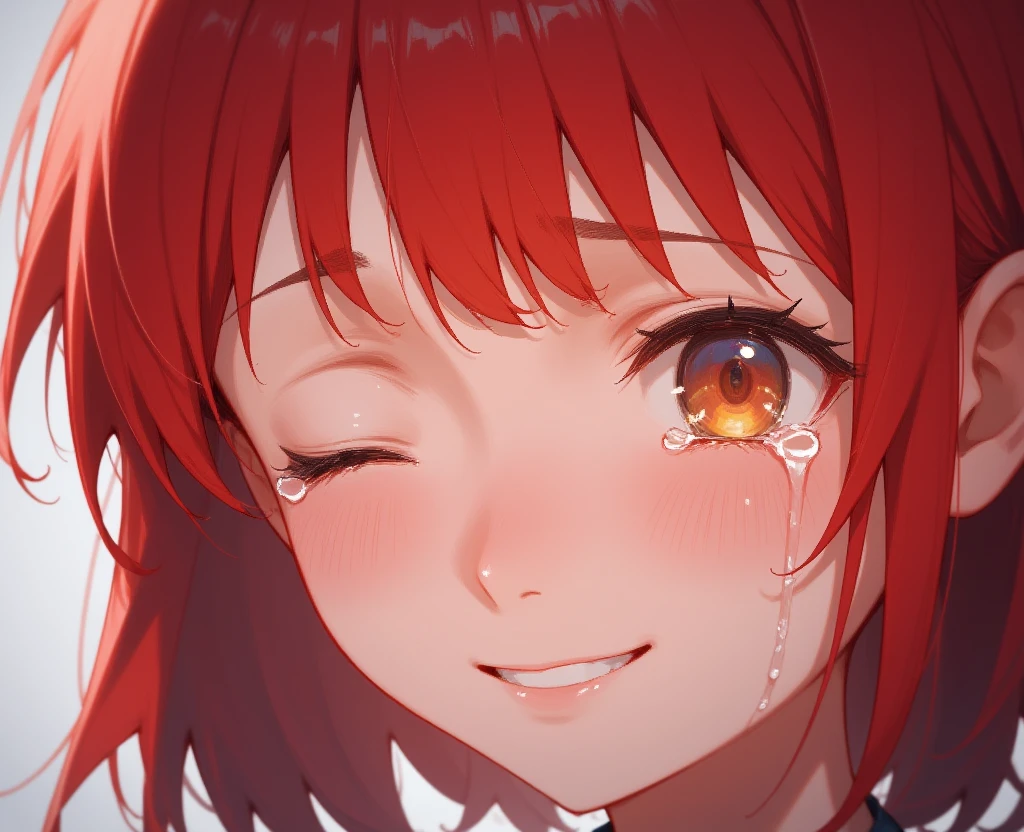 A girl is crying with tears. Drawn in cartoon, She is looking down, has red hair, smiling. extremely closeup of face, anime style, 
<lora:crying_with_tears_flux_v2.safetensors:1>, 