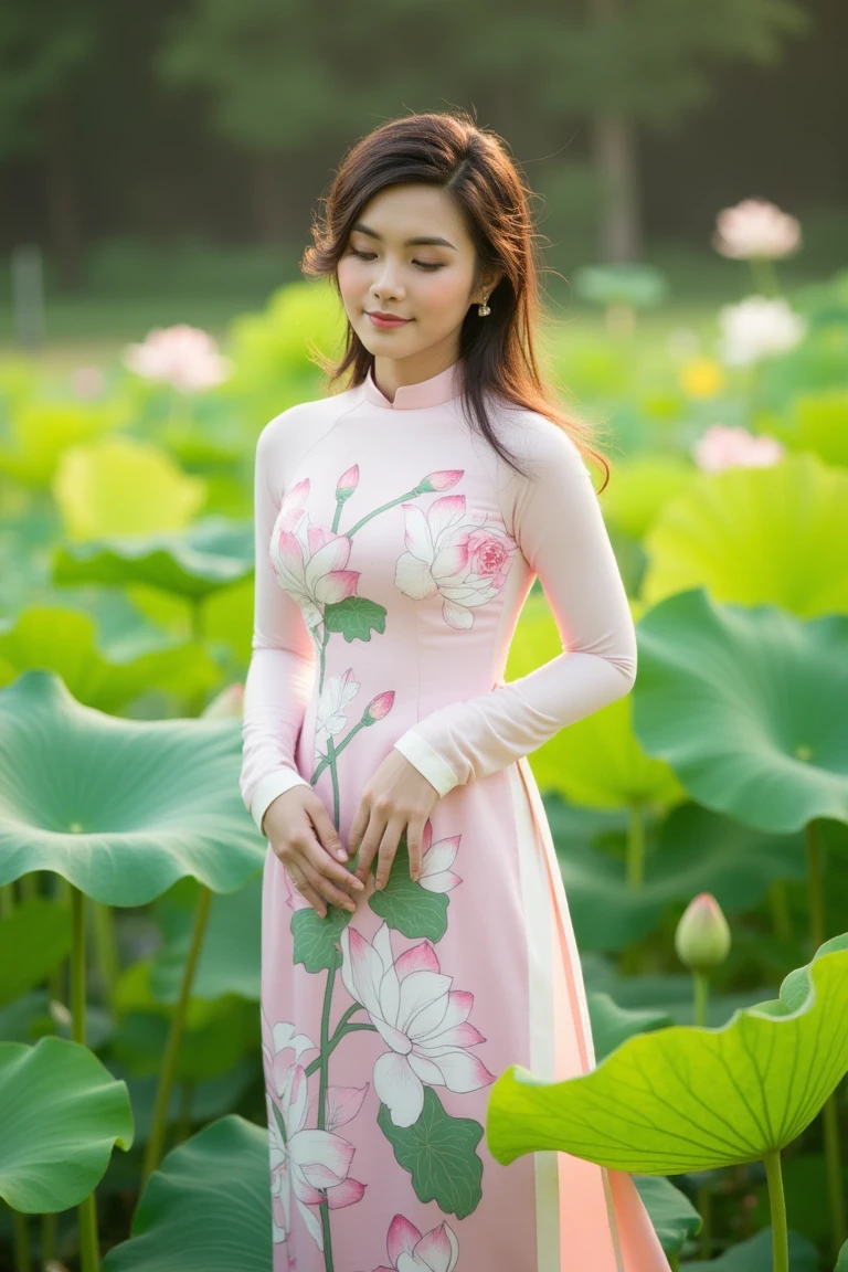 A Vietnamese girl stands elegantly in a lotus-themed ao dai, long sleeves, the delicate floral patterns flowing across the silky fabric in shades of soft pinks and whites. The lotus flowers, symbolizing purity and grace, are beautifully detailed on the dress, contrasting against the deep green leaves that run along the length of the ao dai. Her long, dark hair falls naturally down her back, and she holds a gentle, serene expression that radiates calm confidence. She is positioned in a tranquil garden surrounded by lush lotus ponds, with the flowers in full bloom. The soft, diffused light of the late afternoon bathes her in a warm, golden hue, enhancing the gentle, feminine atmosphere. The shot is captured from a medium angle, emphasizing the flow of the dress and the natural beauty of the setting. The overall mood is poetic and graceful, blending the symbolism of the lotus with the elegance of traditional Vietnamese culture.