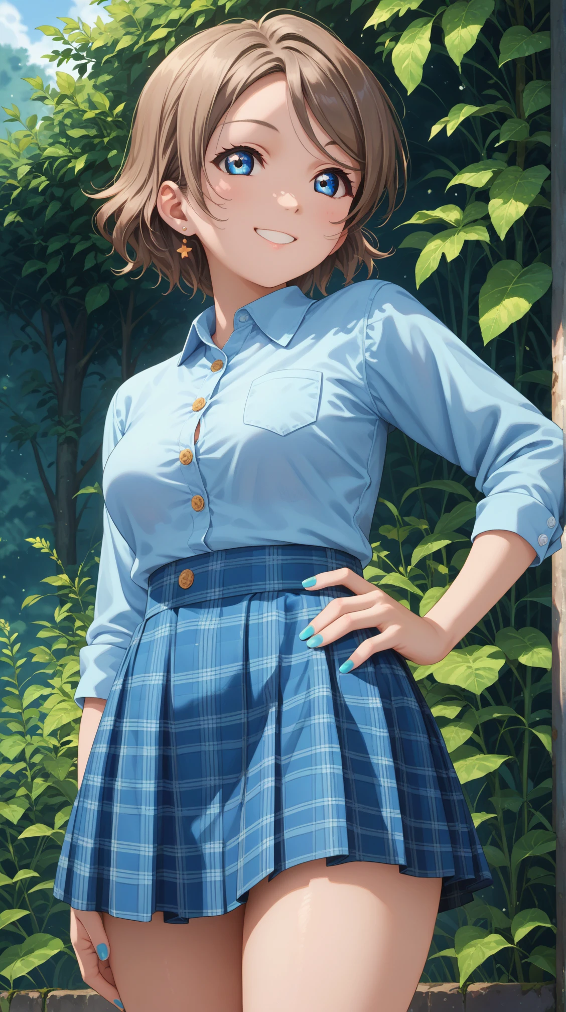 score_9, score_8_up, score_7_up, solo, 1girl, yutanabe, short hair, medium breasts,
light blue shirt, long sleeves, long shirt, smile, buttons, plaid skirt, light blue skirt, miniskirt,
(thighs:1.5), feet out of frame, outdoors, greenery, (hand on hips:1.1), nail polish,
<lora:layou-04:0.8>