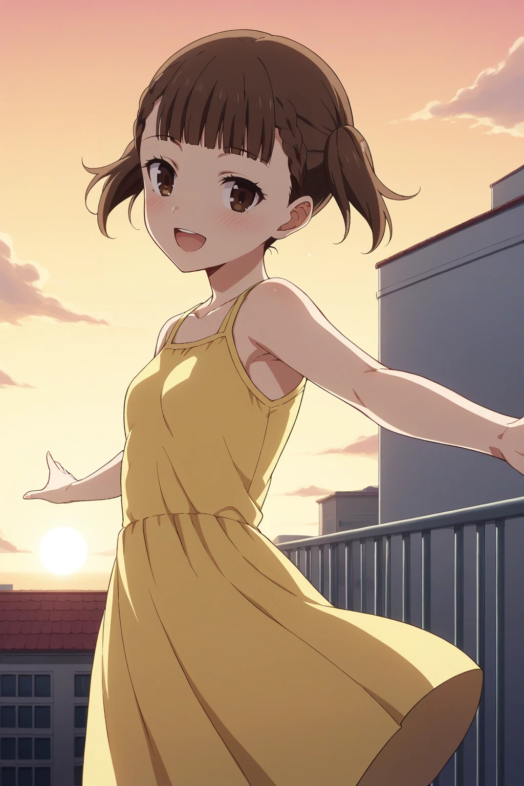 score_9, score_8_up, score_7_up, source_anime, 1girl, prefect lighting, very aesthetic, intricate details, highly detailed background, masterpiece, high quality, prefect hands, best quality, solo,
<lora:Maki_Shijou_Kaguya-sama_Love_Is_War_V1:.85>, KJOmaki, brown hair, brown eyes, blunt bangs, short twintails,
yellow sundress,
outstretched arms, from behind, looking back, smile, open mouth, blush,
rooftop, wind, sunset,
(Beautiful, small Breasts:1.2), natural breasts,
