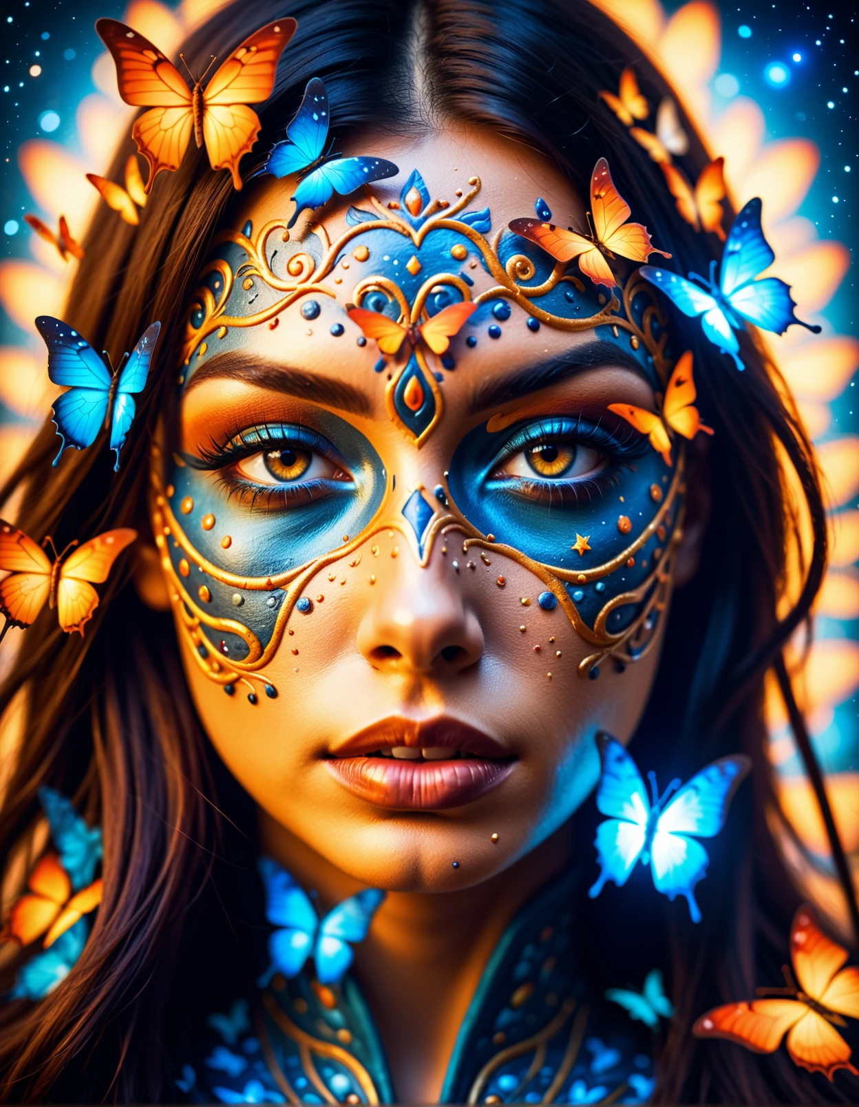 close-up of a woman wearing a detailed mask adorned with butterflies and glowing elements, her skin illuminated with intricate patterns of light, creating an ethereal and magical atmosphere, the colors are vibrant with a mix of deep blues and glowing oranges, the background is dark to enhance the glowing effect, shot with a Cooke Anamorphic/i 50mm T2.3 Prime Lens, at f/2.8, ISO 100, 1/125 shutter speed, capturing the fine details of the mask and the illuminated skin, with a cinematic, high-contrast look.  <lora:BDetailedv4:1>