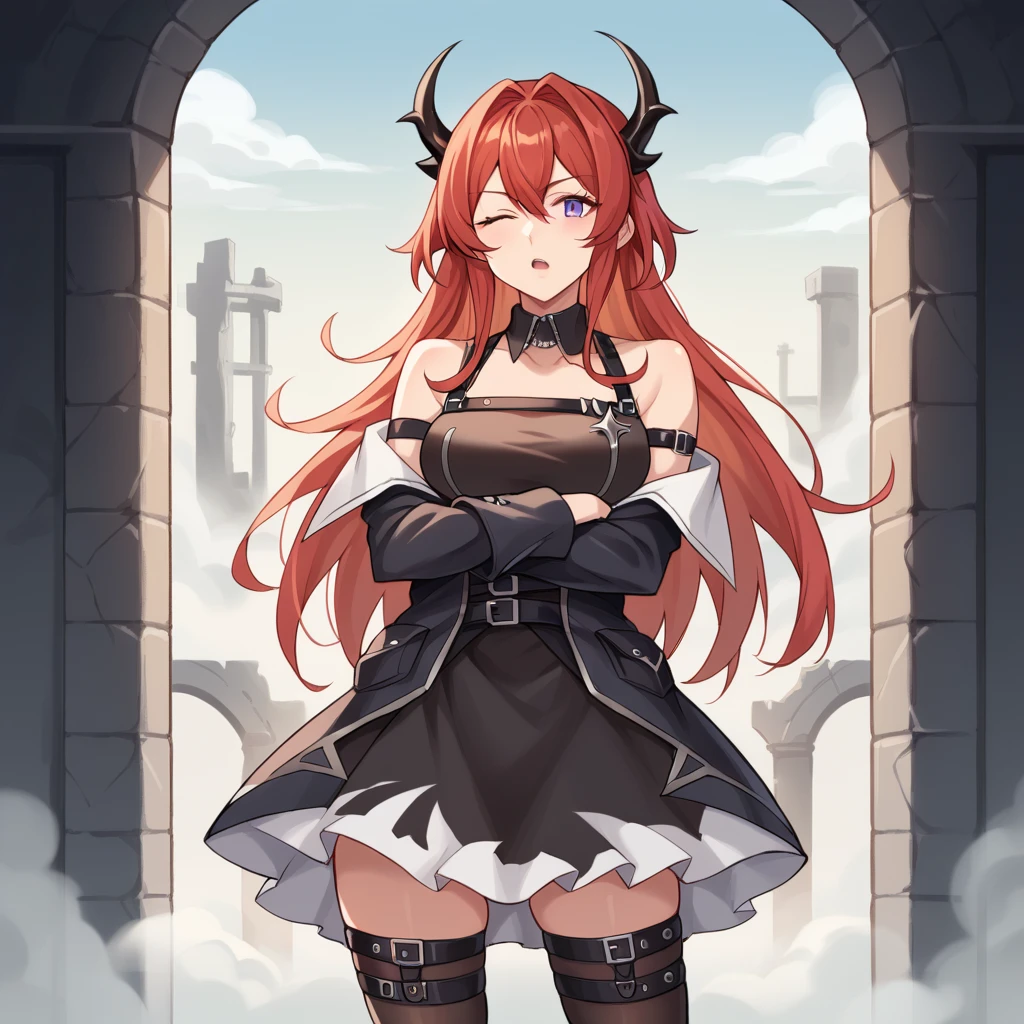 score_9_up, score_8_up, score_7_up, source_anime, masterpiece, best quality, 1girl, solo, Surtr, Sur_Def, ruins, mist, fog, grey sky, cloudy, standing, crossed arms, looking at you, wink, evil bored, open mouth, demon horns, purple eyes, red hair, long hair, black dress, layered dress, chest strap, black thighhighs, thigh strap, off-shoulder jacket, sleeveless dress, black belt, black jacket, open jacket, cropped jacket, layered skirt, short dress, black gloves, fingerless gloves, detached collar, white inner jacket, armband, bare shoulders, mature body, dynamic cowboy shot, indoors, ruined cityscape background