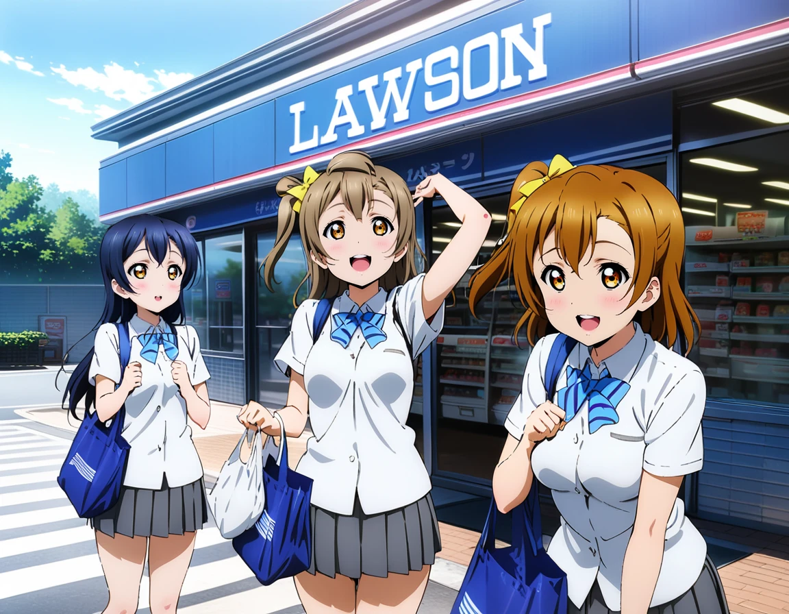 masterpiece, best quality, ultra detailed, highres,4k,(ultra-detailed:1.4) (illustration:0.5), (ray tracing,:0.8),(anime colored:0.7),(ai-generated:0.5), (anime screencap:0.2),
sonoda umi, love live!
kousaka honoka, love live!,
minami kotori, love live!
smile,
<lora:lawsoncollaboXL1:0.8>,lawsoncollabo,
convenience store, storefront, Lawson,day,city,
multiple girls, (3girls:1.3), school uniform, dynamic pose,plastic bag,