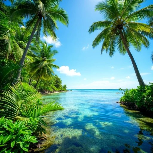 jungle, ocean, reflection, plant, beach, blue sky, sky, tree, no humans, green theme, sun, outdoors