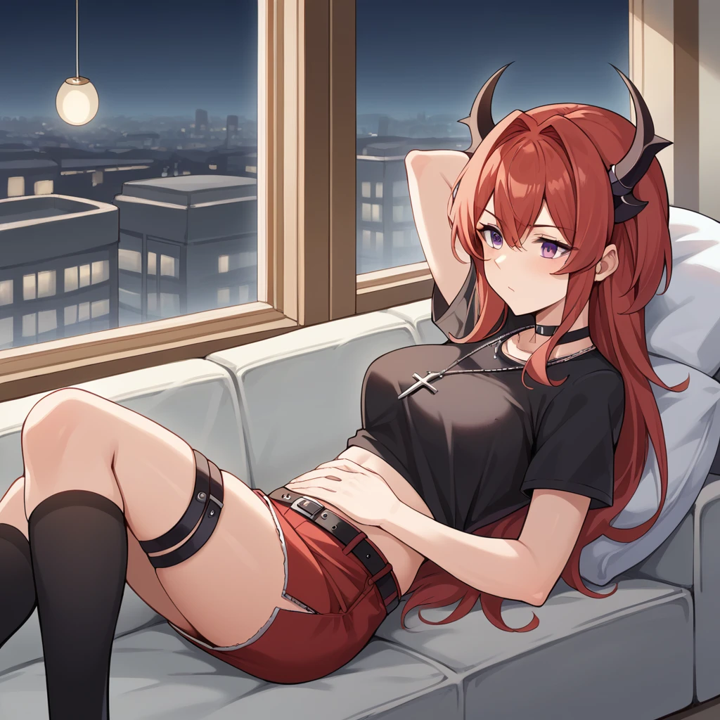 score_9_up, score_8_up, score_7_up, source_anime, masterpiece, best quality, 1girl, solo, Surtr, Sur_Casual, night time, cityscape, window, ceiling lamp, lying on back on couch, from above, from side, head on pillow, reclining, pouting, slight blush, looking to side, hand on stomach, hand behind head, bend knee, kneehighs, food, utensils, demon horns, purple eyes, red hair, long hair, red miniskirt, red skirt, thigh strap, black shirt, crop top, short sleeves, black choker, black belt, midriff, navel, cross necklace, black gloves, single glove, mature body, dynamic cowboy shot, indoors, cafe background