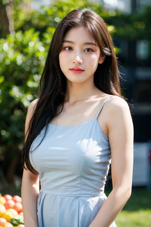 masterpiece, best quality, ultra-detailed, ultra high res, (photorealistic:1.4), raw photo, (realistic:0.2), 8k HDR, realistic lighting, looking at viewer, 1girl, solo, asymmetrical hair, outdoor, (traditional market:1.2), (day), bokeh, (detailed lips), (detailed pores), (detailed skin textures), (detailed face:1.2), (body:1.2), a woman in a sundress, cowboy shot,