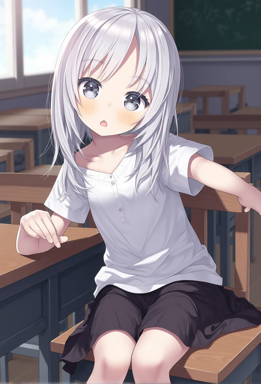 capriccio_style, Solo, 1girl, female, grey eyes, white hair, flat chest, cute face, detailed skin, detailed eyes, perfect eyes, perfect hands, perfect face, BREAK serafuku, shirt, skirt, BREAK classroom, indoors, colorful, looking at viewer, portrait, BREAK ((ultra-detailed)), ((best quality)), ((best quality)), ((beautiful eyes)), ((extremely detailed)), 4K, (8K), best quality, (beautiful), Master piece, highres, score_9, score_8_up, score_7_up, score_6_up, score_5_up, score_4_up, colorful, best quality, official art, highres, masterpiece, nai3, god light, detailed background, high quality background,