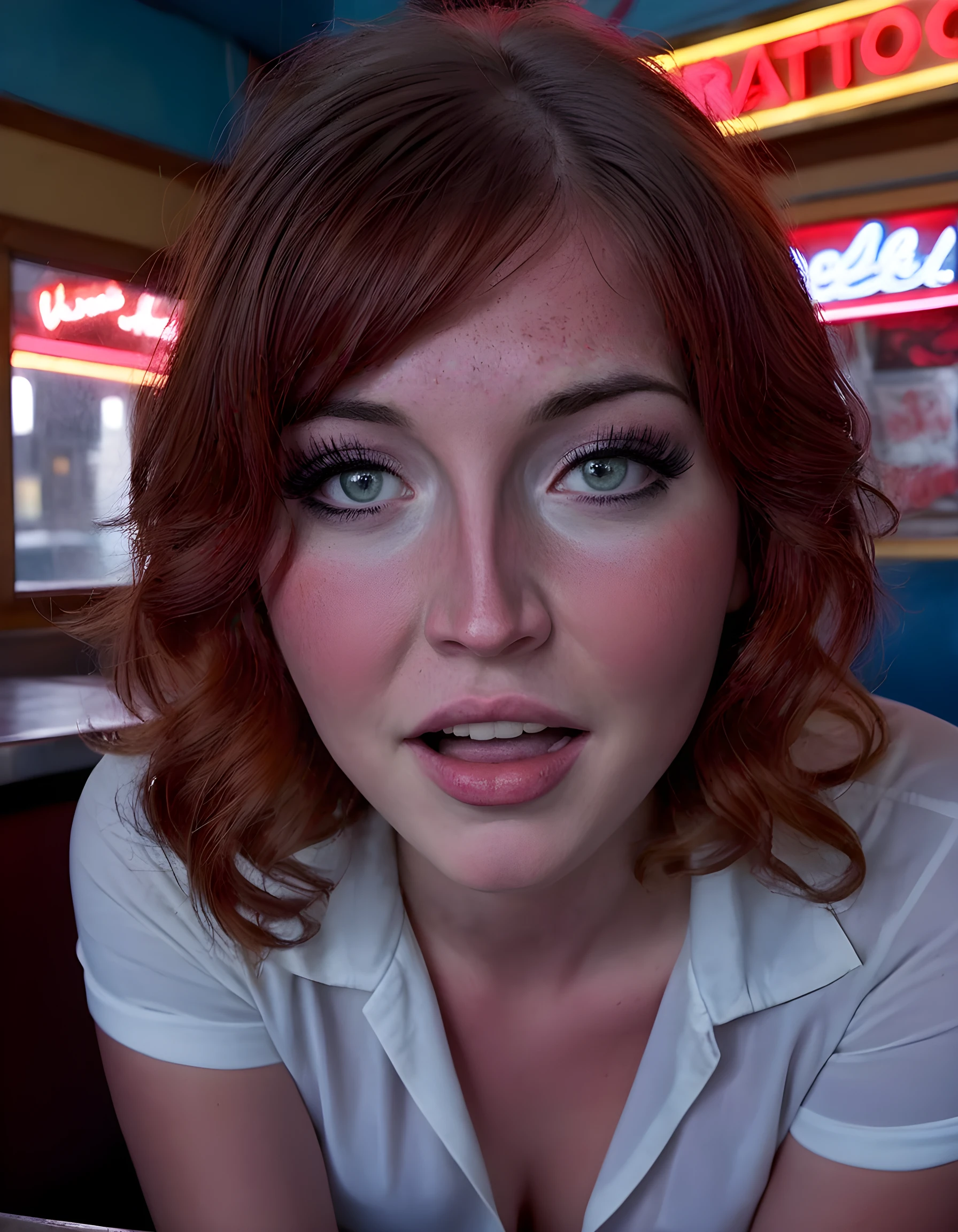 In a surreal, noir-inspired scene, the captivating Z03N3L1, with her fiery red lipstick and sprinkles of freckles across her nose and cheeks, is seated in an abandoned neon-lit diner booth. Her brown hair cascades down to her shoulders, framing a closed-eye gaze that exudes both vulnerability and strength. Her piercing blue eyes are partially concealed by the fringe of her bangs, while her closed lips form a shy, yet enchanting smile revealing a small tattoo on her lower lip and a glimmer of white teeth. The camera angles from below, creating an intimate connection between the viewer and the subject, highlighting the intricate detailing of her ink and the subtle, smoky shadows that accentuate her delicate facial features. A single beam of light streams through the diner's broken window, casting an ethereal glow on Z03N3L1's face, making her stand out against the gritty, dimly lit background of chipped paint and shattered glass. The emotional tone of this portrait is one of mystery, allure, and resilience, as if hinting at a story yet untold.