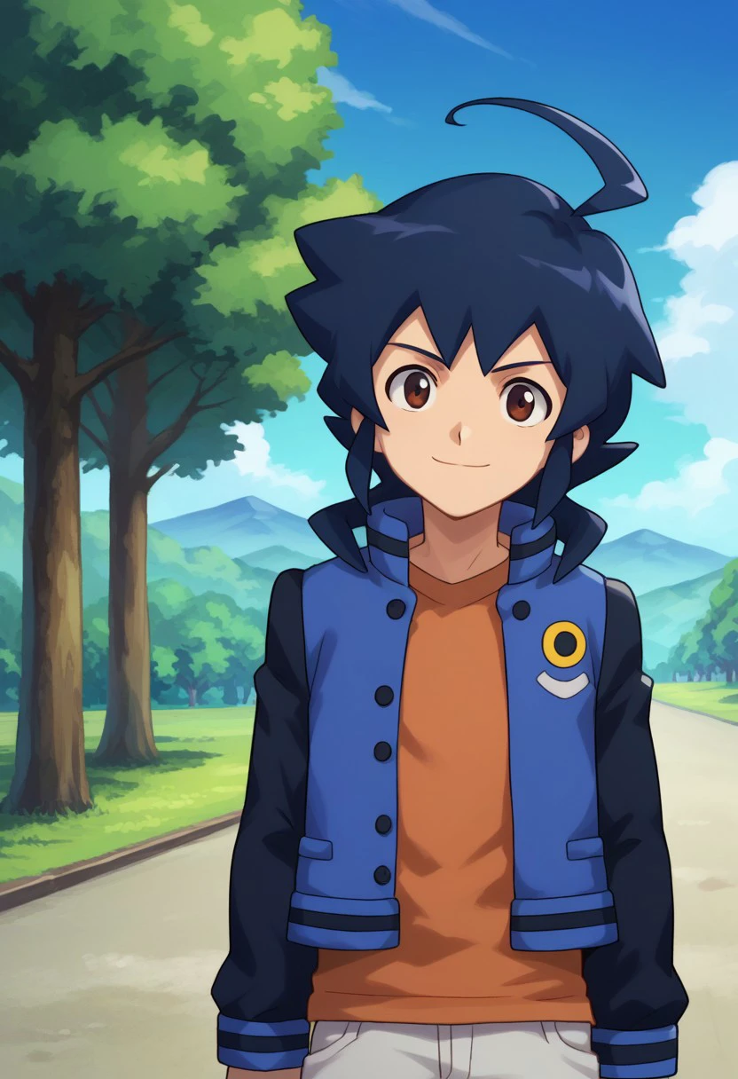 score_9, score_8_up, score_7_up, source_anime, highly detailed,
oozora, 
1boy, male focus, brown eyes, solo, jacket, ahoge, orange shirt, blue hair, open clothes, open jacket, upper body, blue hair, blue jacket, pants, smile,
outdoor, sky, tree,