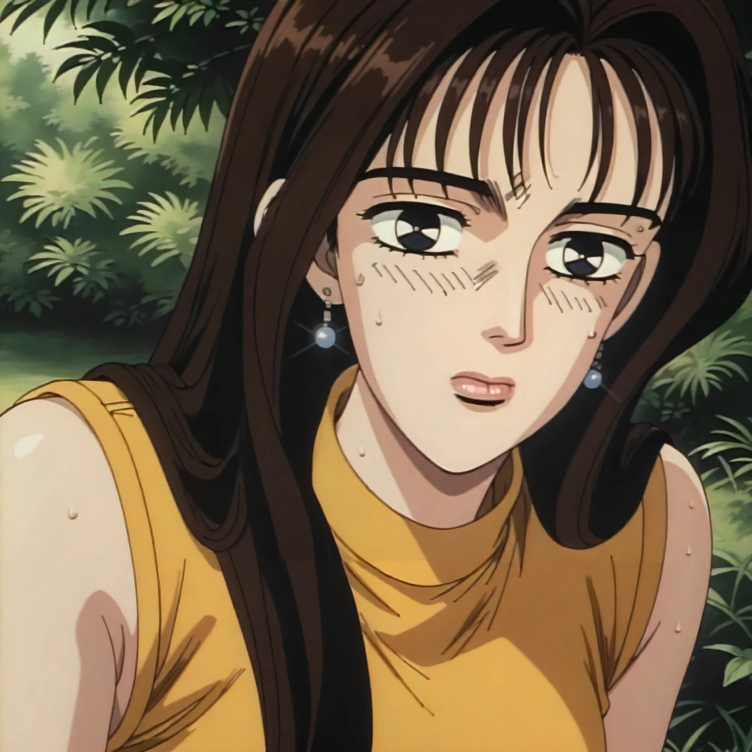 <lora:ID_MakoSatoXLpony001>,
outdoors,nature,
looking at viewer,parted lips,sweat,
solo,
MakoSato,1girl,brown hair,long hair,black eyes,
earrings,
yellow shirt,turtleneck,sleeveless,