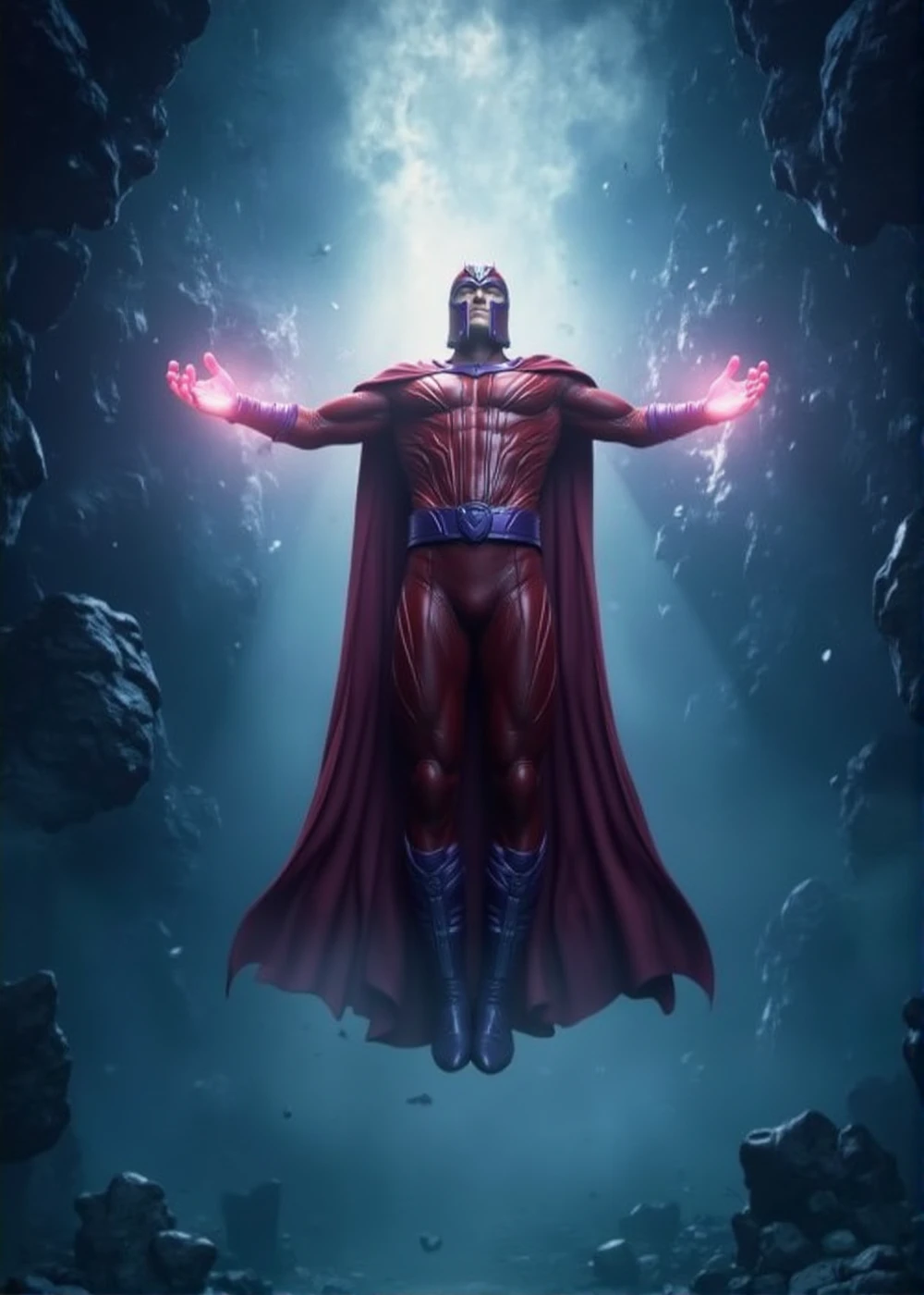 a photo of Magneto floating in the air, arms opened like a godly figure. He is glowing of a powerful energy <lora:Magneto:0.9>