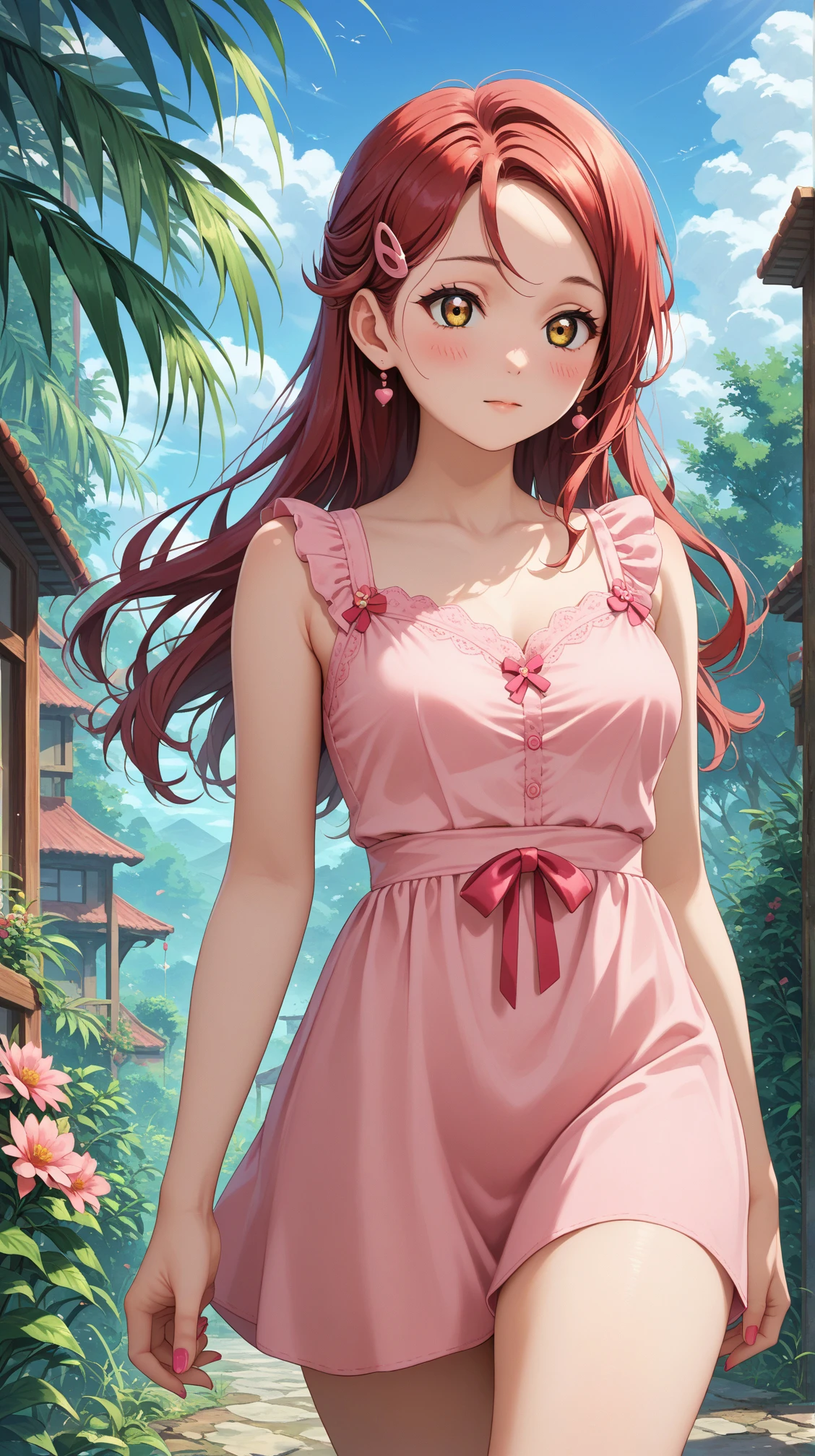 score_9, score_8_up, score_7_up, solo, 1girl, rikosauchi, hair ornament, hairclip, red hair, long hair medium breasts,
pink dress, blush
(thighs:1.3), cowboy shot, outdoors, greenery, nail polish, sky, pink nails, 
 <lora:xlponyriko-04:0.7>